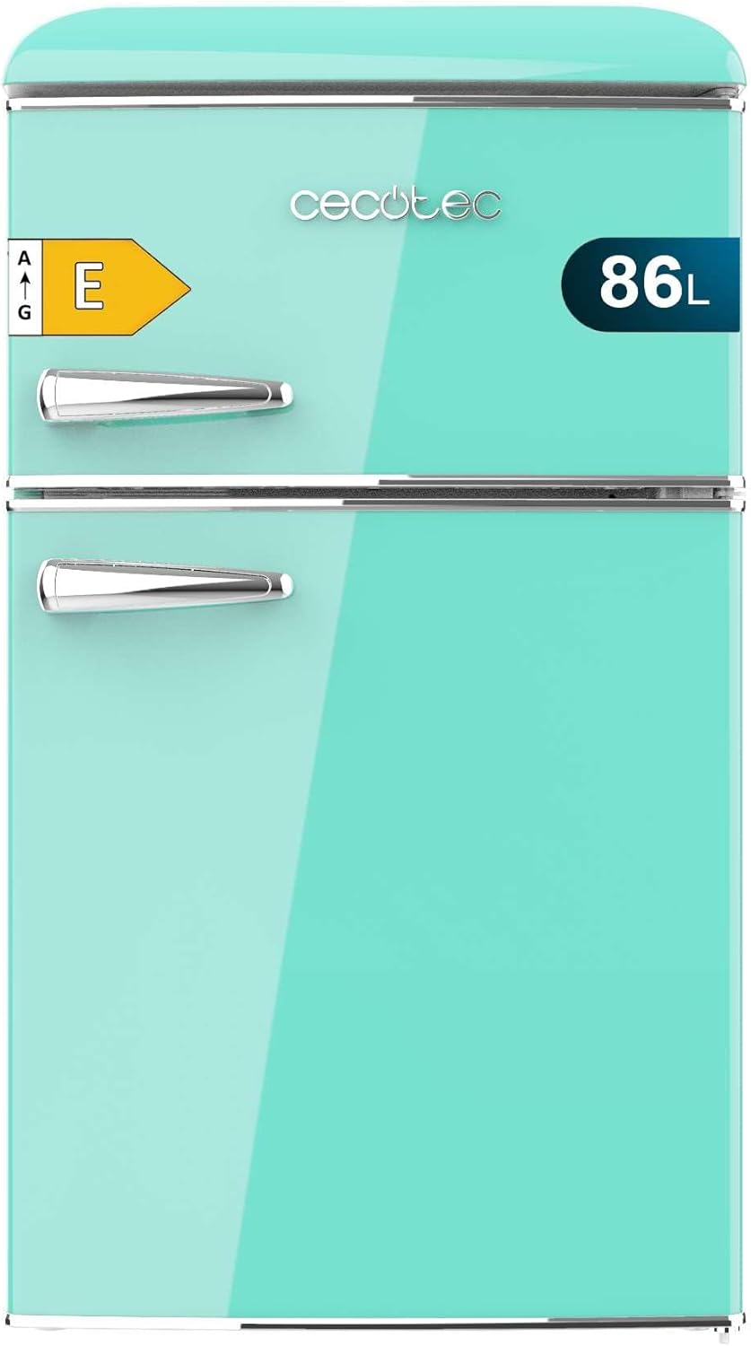 Cecotec Kleiner Kühlschrank - 2-türiger Kühlschrank - Retro 86L Bolero CoolMarket 2D Origin 86 Green E. 89,3 cm Höhe und 48,7 cm Breite, Energieklasse E, Eisfach, Innenbeleuchtung und Chromgriff, Grün