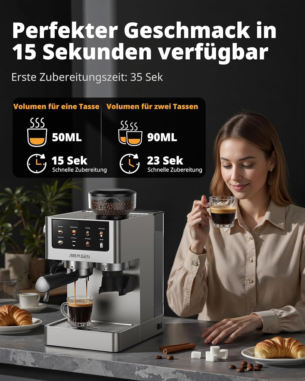 AIRMSEN 20 Bar Siebträgermaschine mit Kegelmahlwerk & Milchschäumer, 1.8L Wassertank, Edelstahl Espressomaschine Kaffeemaschine für Americano, Cappuccino und Latte