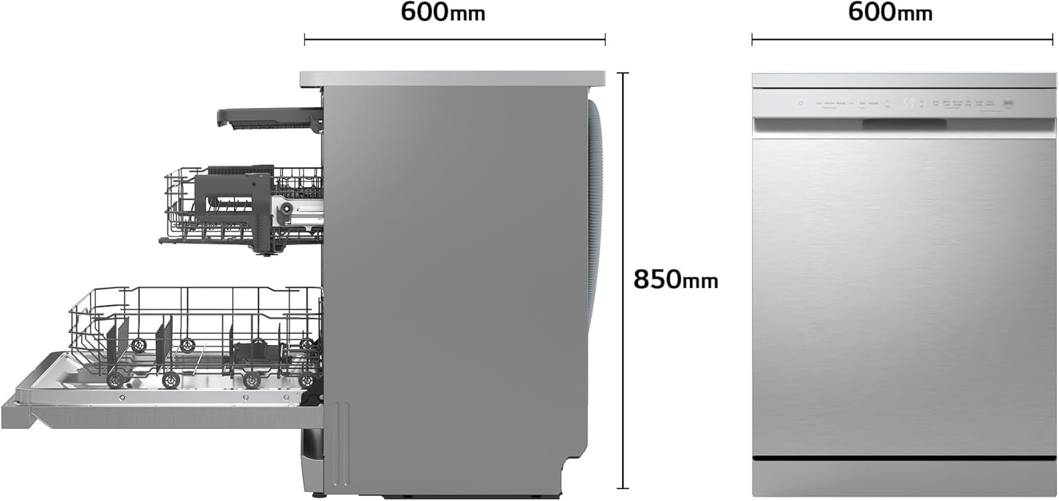LG DF273FV - Lavavajillas QuadWash Steam, Sistema EasyRack, Bandeja para Cubiertos, Smart Diagnosis, Apertura Automática, Eficiencia A, Capacidad 14, Motor Silencioso, Inox Antihuellas