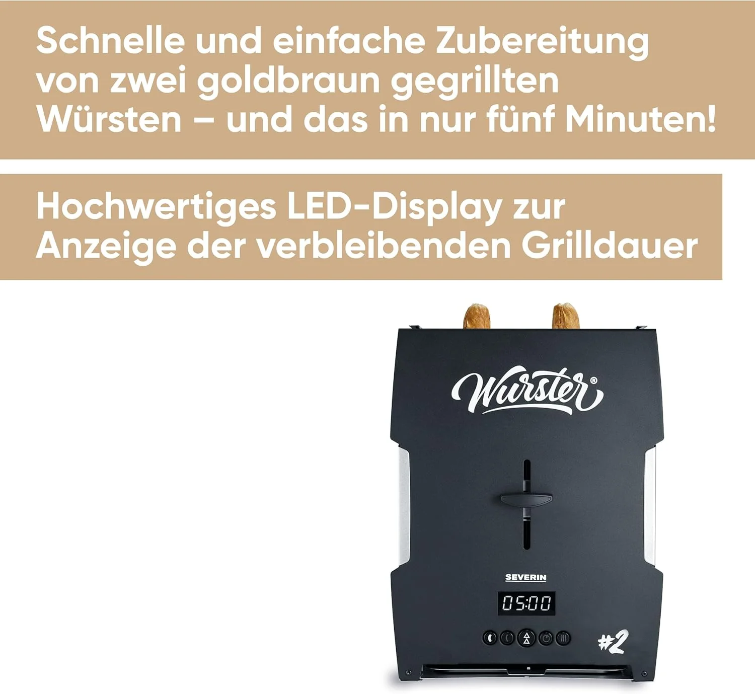 SEVERIN WURSTER, perfekt gebr?unte W��rstchen auf Knopfdruck in nur 5 Minuten, ohne Zugabe von Fremdfett, inkl. Holzzange, Schwarz, Edelstahl/Kunststoff, WT 5005