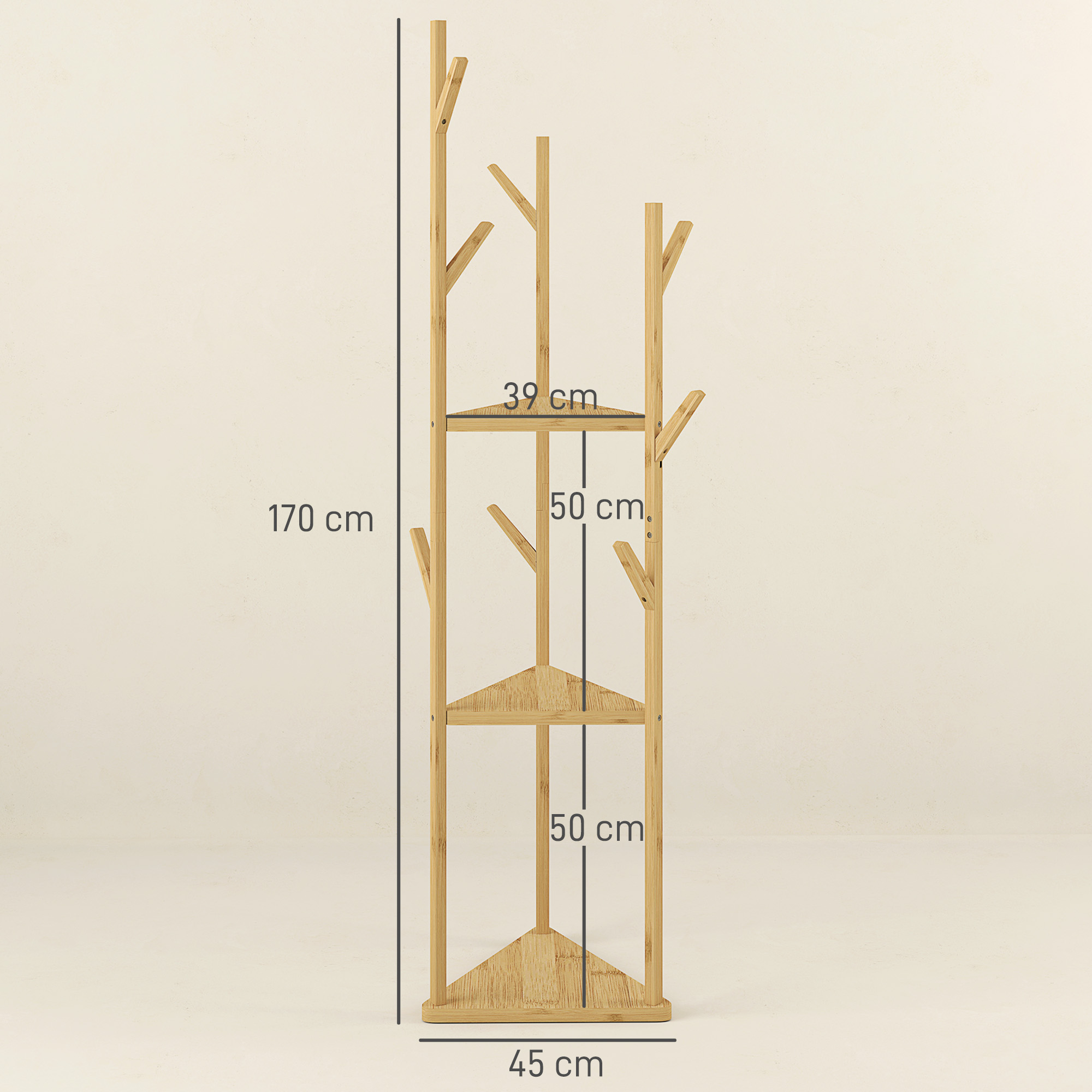 Kledingrek, Garderobestandaard van Bamboehout, 8 Haken, 3 Planken, Natuur