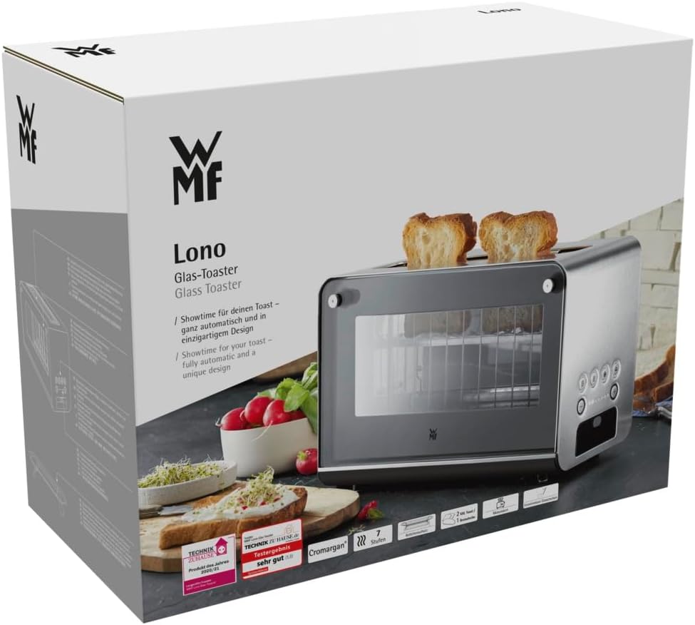 WMF Lono Toaster Glas mit Brtchenaufsatz, 2 Scheiben, XXL, motorisierte Toastaufnahme, Aufwrm-Funktion, 7 Brunungsstufen, Toaster edelstahl matt