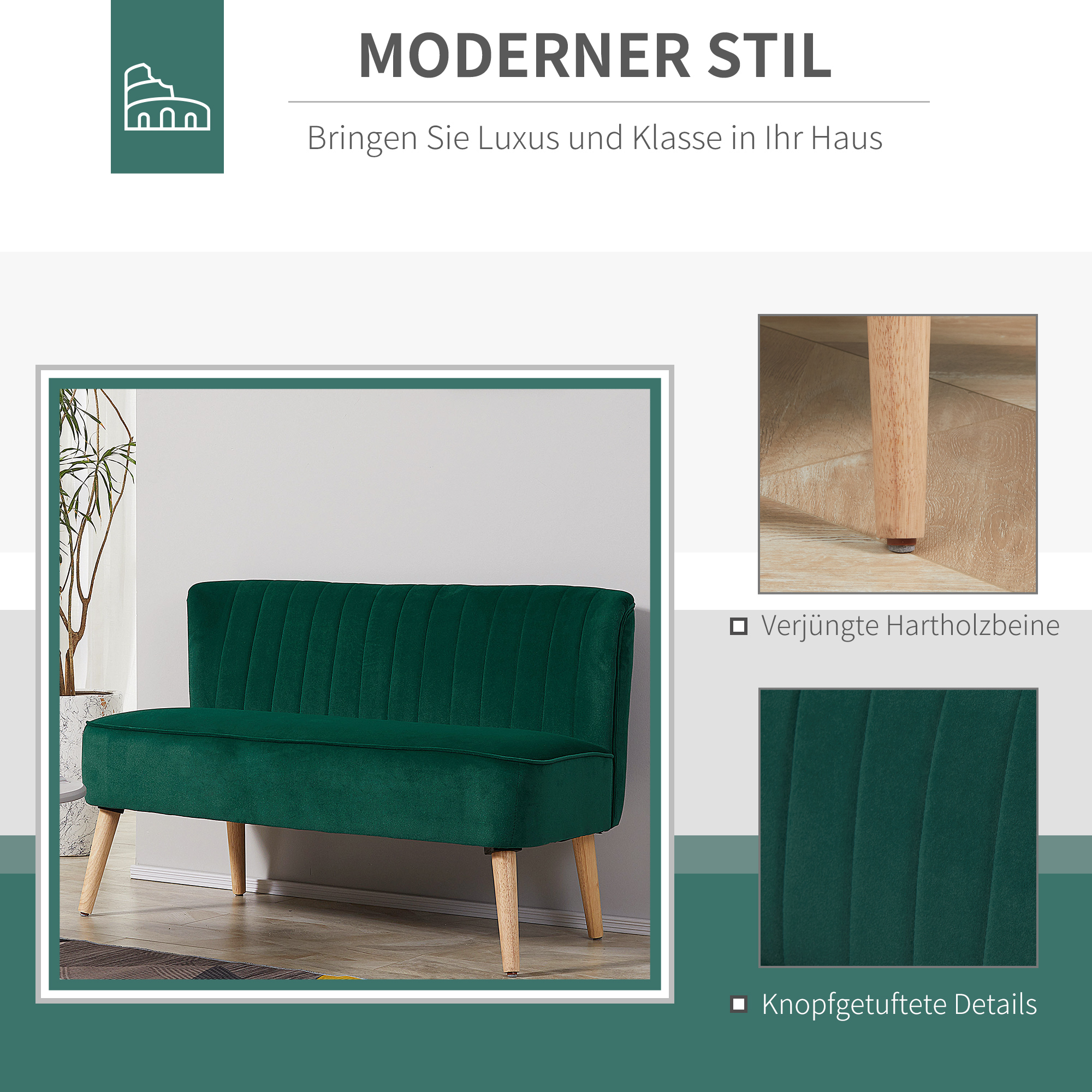 Sofa Retrodesign 2-zitsbank, houten poten, 117 cm x 56,5 cm x 77 cm, Donkergroen