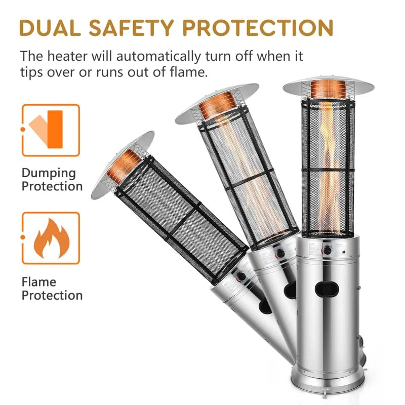 41000 BTU Standing Propane Patio Heater with Wheels, Stainless Steel Round Glass Tube Gas Outdoor Heater