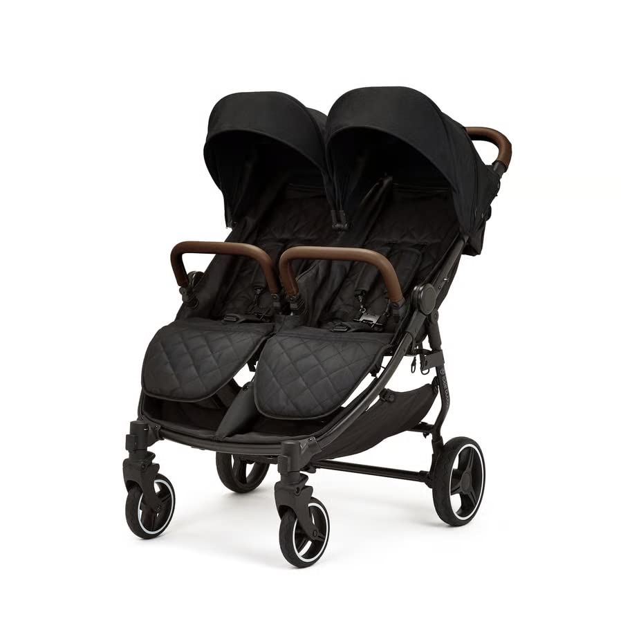 Ickle Bubba Venus Prime Doppelkinderwagen - geeignet von Geburt bis 15 kg (ca. 3 Jahre), leichter, faltbarer Zwillingskinderwagen mit Neugeborenenkokon, 2 Fußwärmern und Regenschutz (Schwarz)