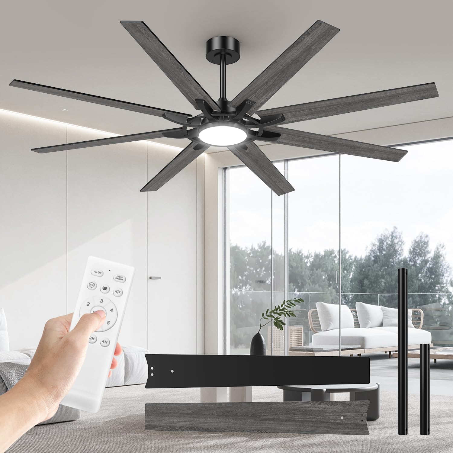 Airwit 183cm Deckenventilator mit Beleuchtung Extra Groß, Verbundholz Outdoor Leise Deckenventilator mit Licht und Fernbedienung, Lampe mit Ventilator für Terrasse, Industrial, Großes Zimmer