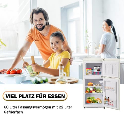 Merax Retro Kühlschrank mit Gefrierfach – 60L Mini Kühlschrank, 22L Gefrierfach, 38L Kühlfach, 7 Temperaturstufen, Energieeffizienzklasse E, Cremeweiß, 102 kWh/Jahr
