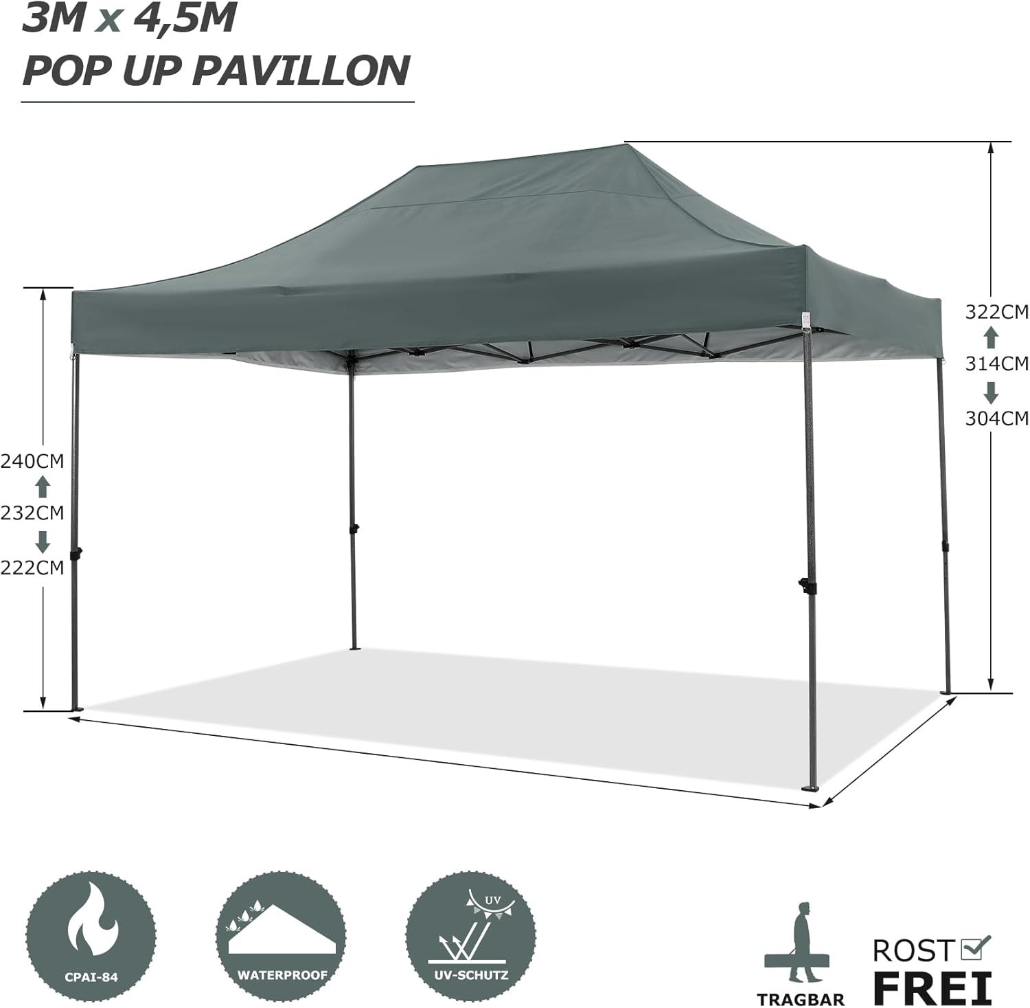 COBIZI Faltpavillon 3x4,5 Wasserdicht Stabil Winterfest mit Seitenwand,Pop Up Pavillon Partyzelt,Sonnenschutz Gartenpavillon,Pavillon Faltbar mit Handtasche(3 mal 4,5m Grau)