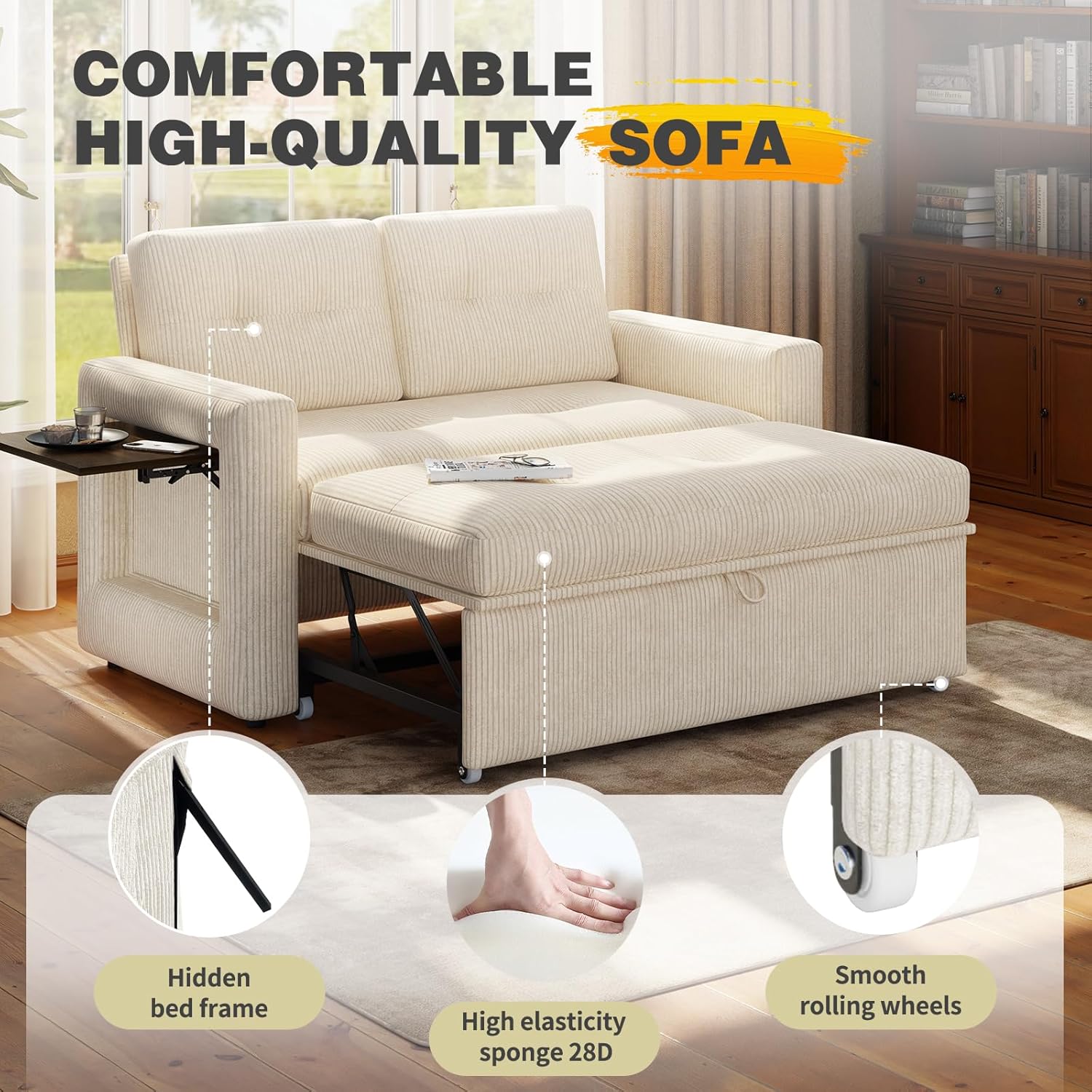 YOUDENOVA Sofá Cama 3 en 1, Sillón Cama multifunción, Sofá reclinable con Respaldo Regulable en 5 Posiciones, Sofá Cama para 2 Personas con Mesa y Bolsillos Laterales, Pana Beige
