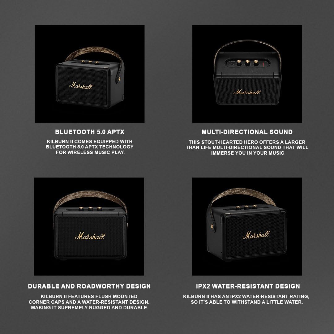 Marshall Kilburn II Bluetooth Tragbarer Wasserabweisend Lautsprecher, Kabelloser - Schwarz und Messing