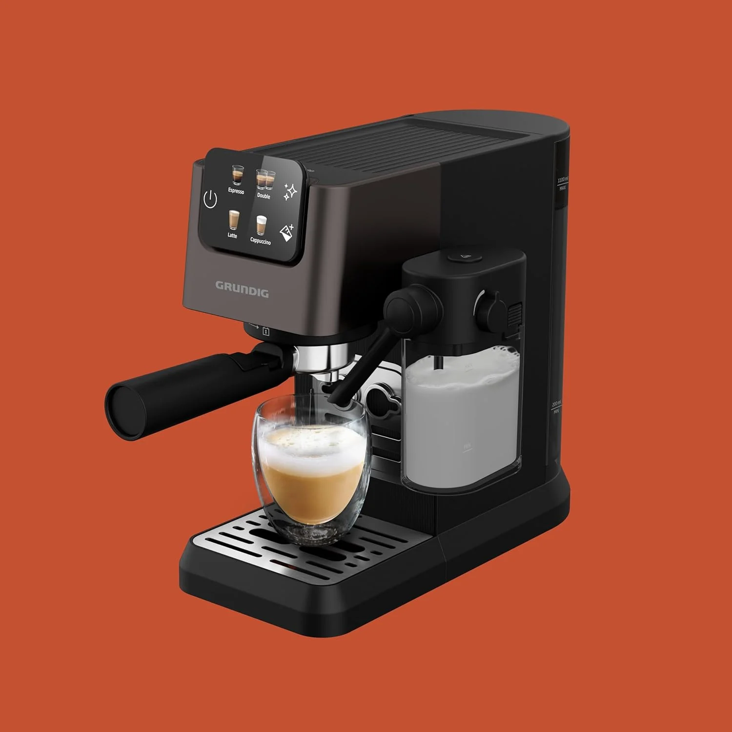 GRUNDIG KSM 5330 Espressomachine met ge?ntegreerd melkreservoir, 1628 W vermogen, 15 bar pompdruk, dubbele tuit, kleuren-touchscreen, BrewSense, CreamyPro, donker inox/zwart