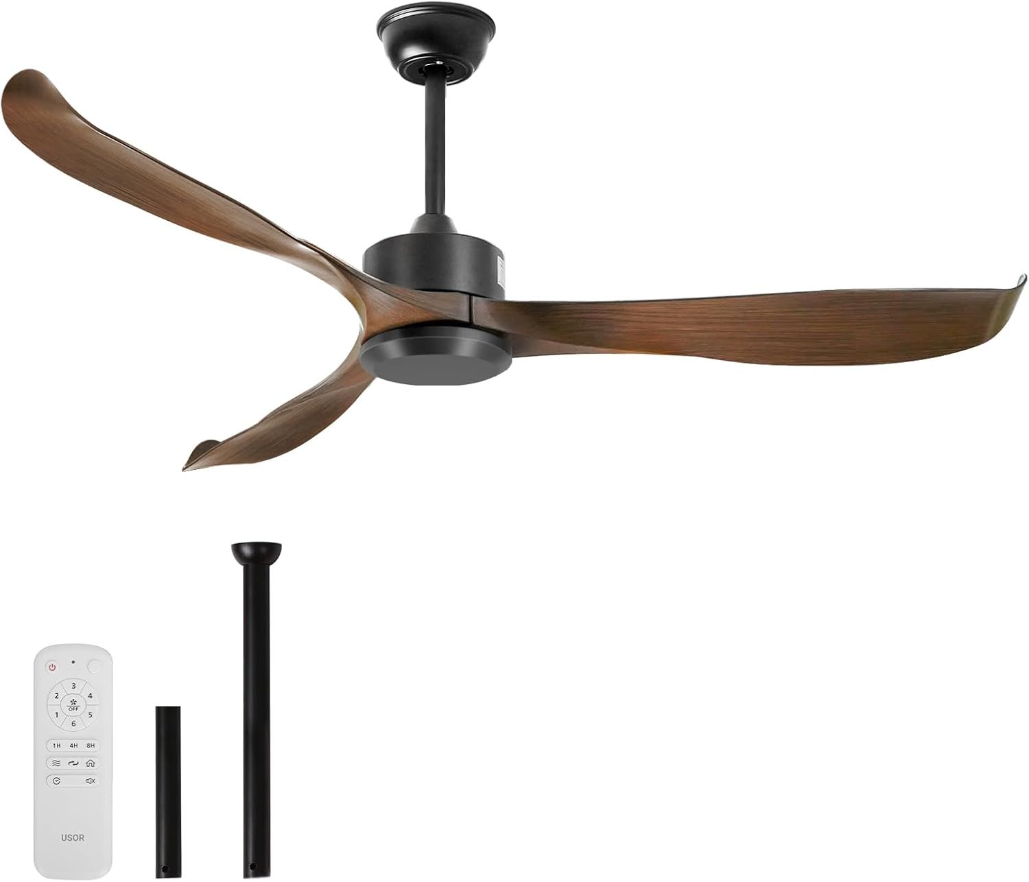 USOR 56 Inch Modern Black Walnut Ceiling Fan with Remote, Noiseless Reversible Motor, Three Curved Blades, Ideal for Kitchen, Living Room, Bedroom