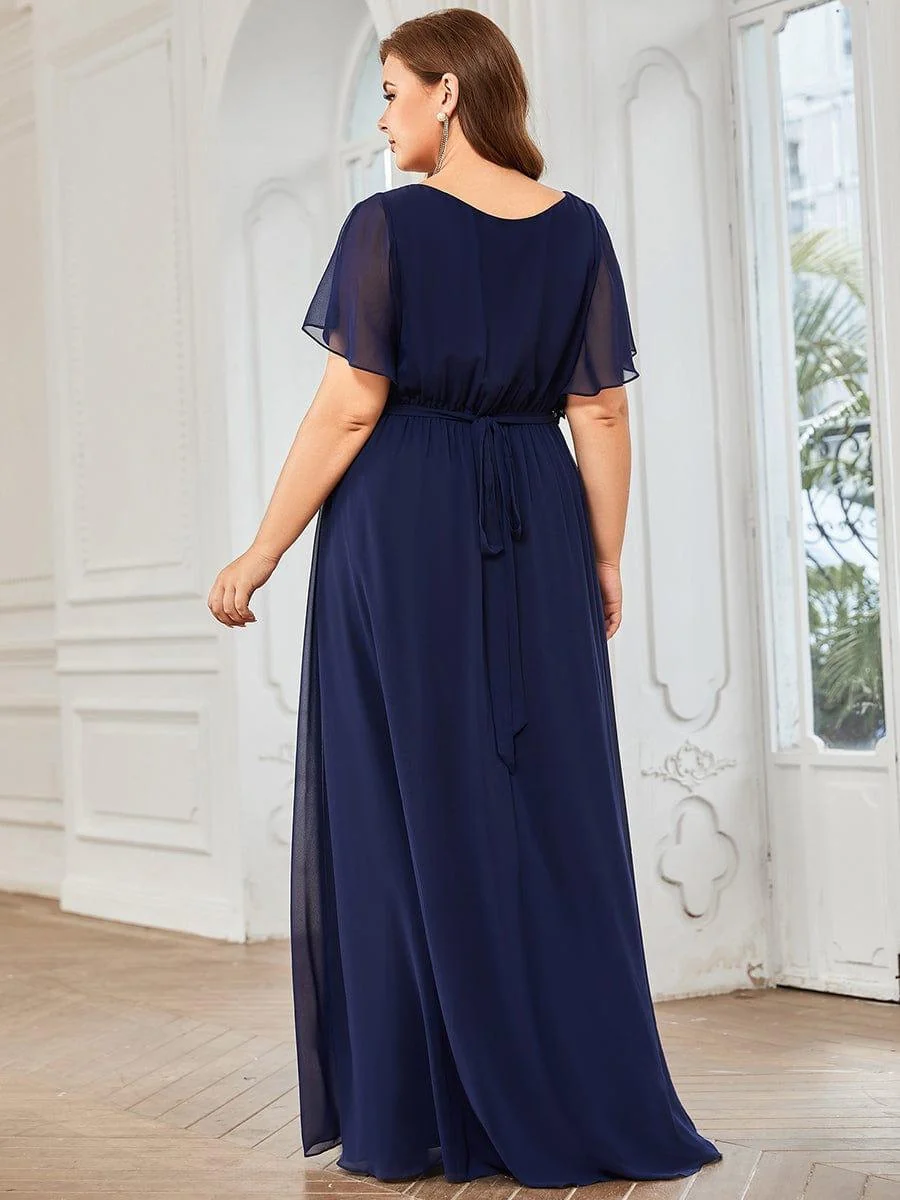 Abendkleid Damen Maxi A-Linie aus Chiffon | Festliches Kleid f��r Hochzeitsg?ste mit V-Ausschnitt und Fl��gel?rmeln