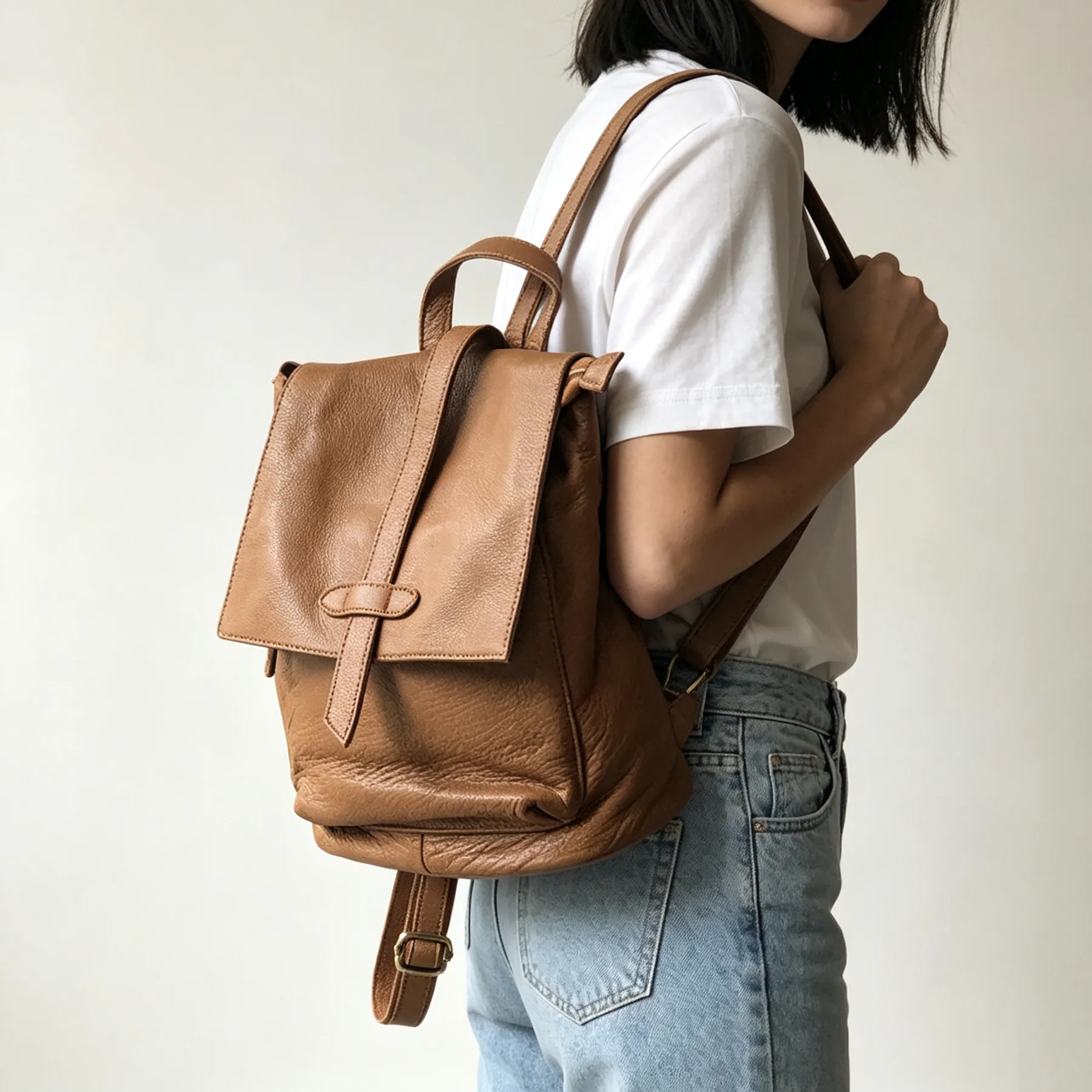 Soft Lightweight Daily Purse Flap Leather Rucksack Backpack
