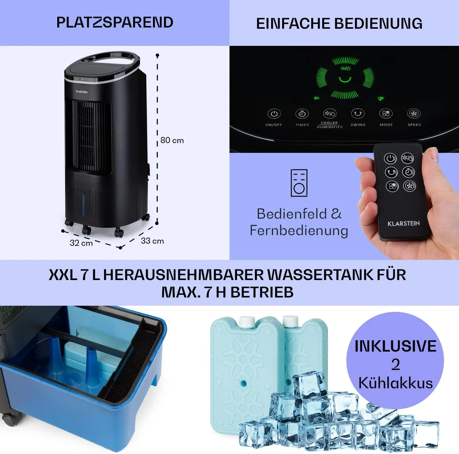 Klarstein Luftk��hler mit Wasserk��hlung, Leiser 4-in-1 Verdunstungsk��hler, Luftbefeuchter, Ventilator & Nachtmodus, Mobile Klimager?te Luftk��hler 7L, 65W Air Cooler, 330m3/h K��hlender Luftstrom