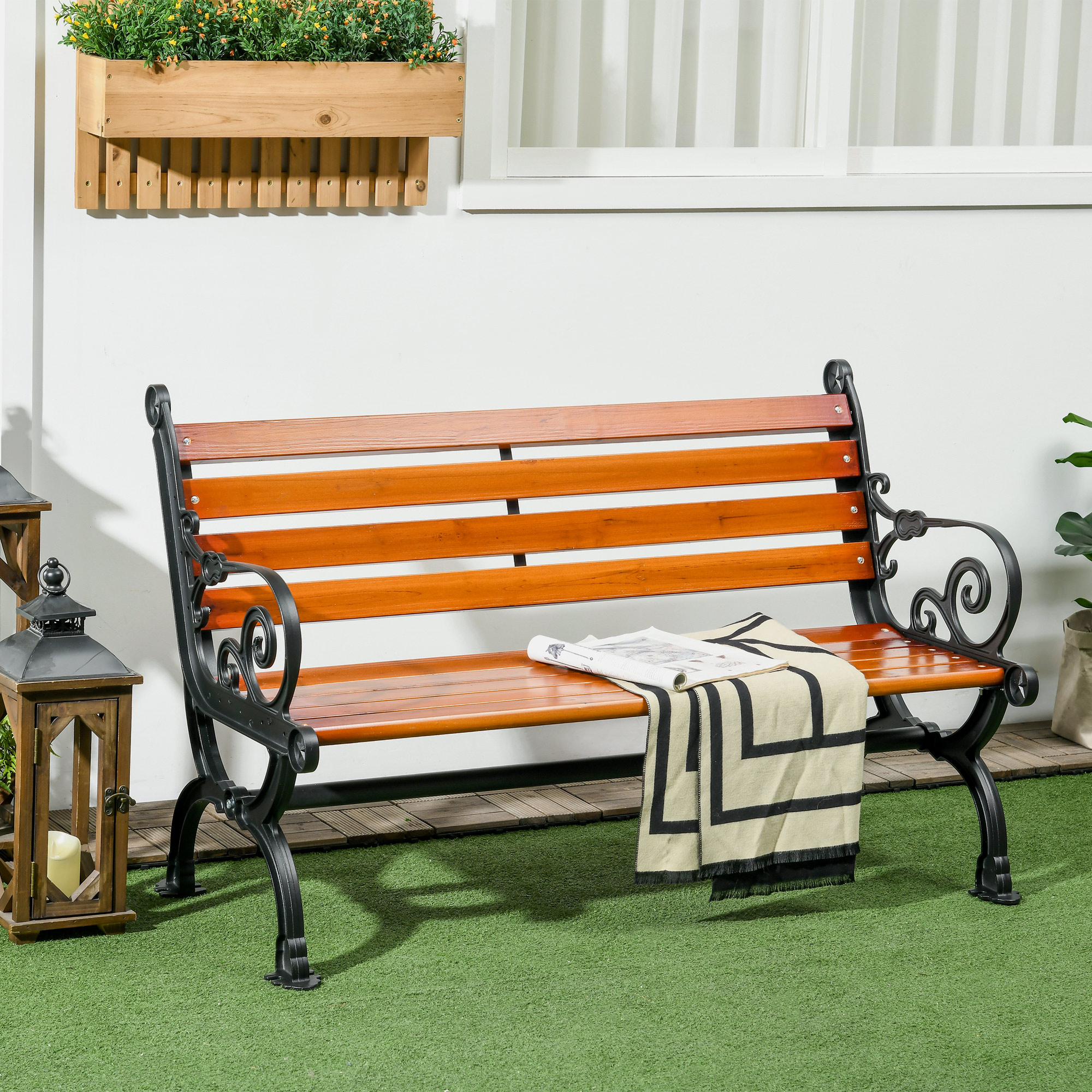 Tuinbank voor 2 personen, decoratieve armleuningen, voor tuin en terras, gietaluminium + natuurlijk hout, 120 x 64 x 79 cm, teak