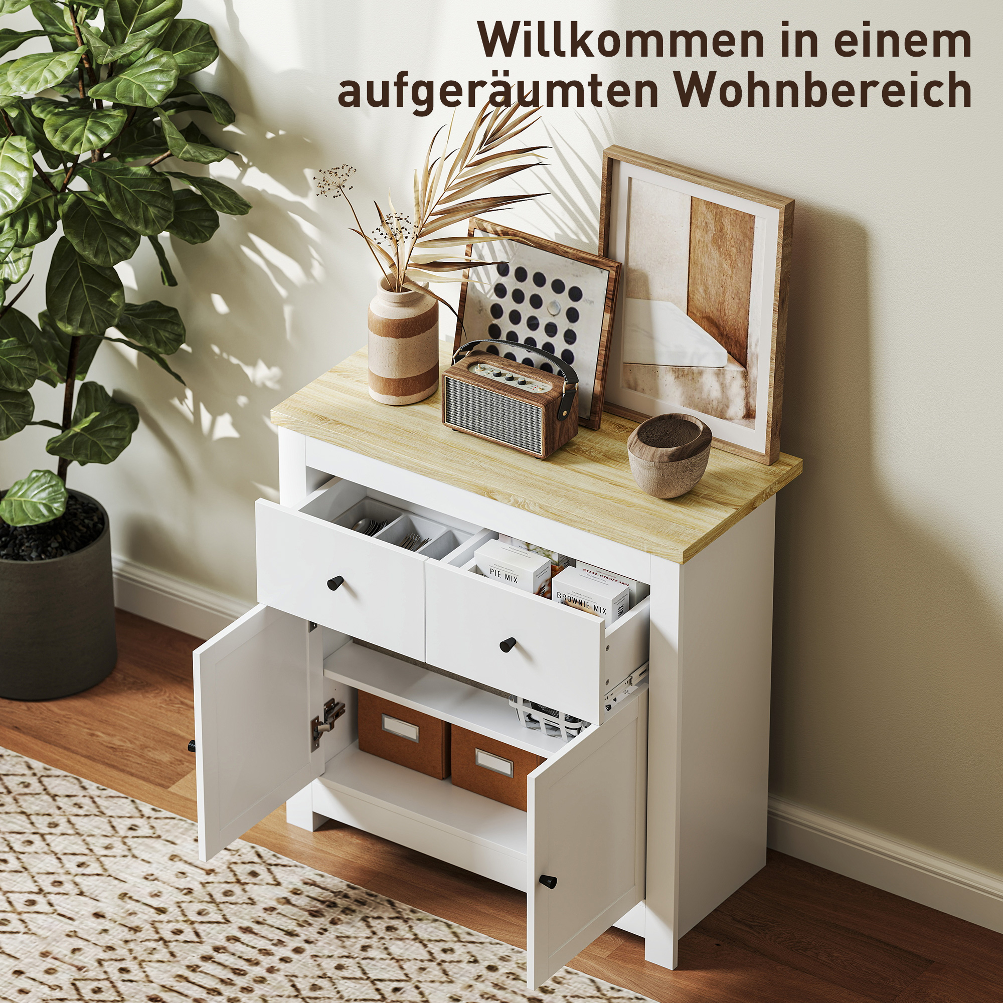 Ladekast met veel Opbergruimte, Sideboard met Soft-Close Deuren, 2 Laden, Verstelbare Plank, Wit