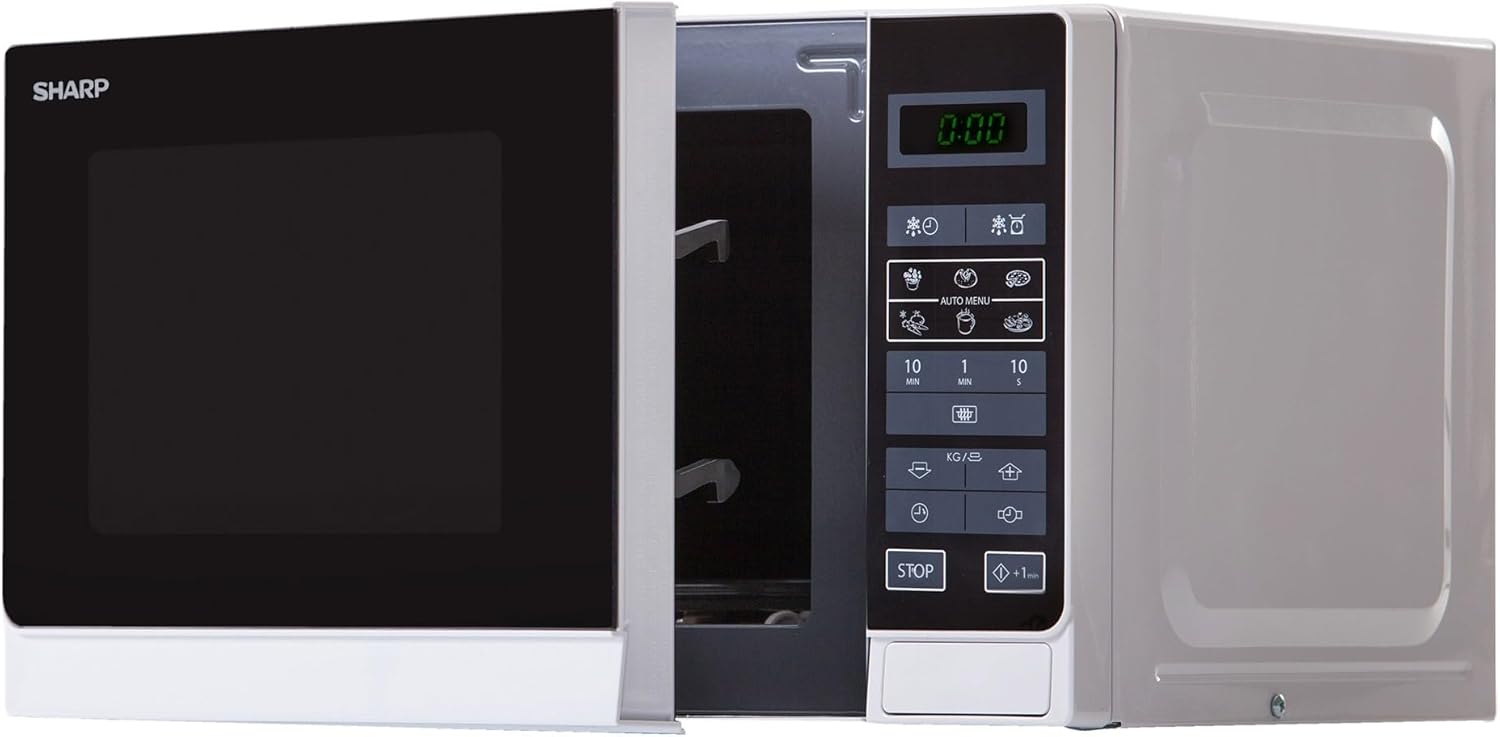Sharp R242INW Solo-Mikrowelle / 20 L / 800 W / 5 Leistungsstufen / 8 Automatikprogramme / Gewicht- und zeitgesteuerte Auftauen / Kindersicherung / Energiesparmodus / Glasdrehteller (25,5 cm) / silber