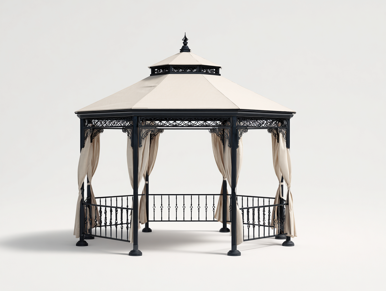 Pavillon - Metall-Textil - 342x342x305 cm - Creme-Schwarz - Klassischer Gartenstil