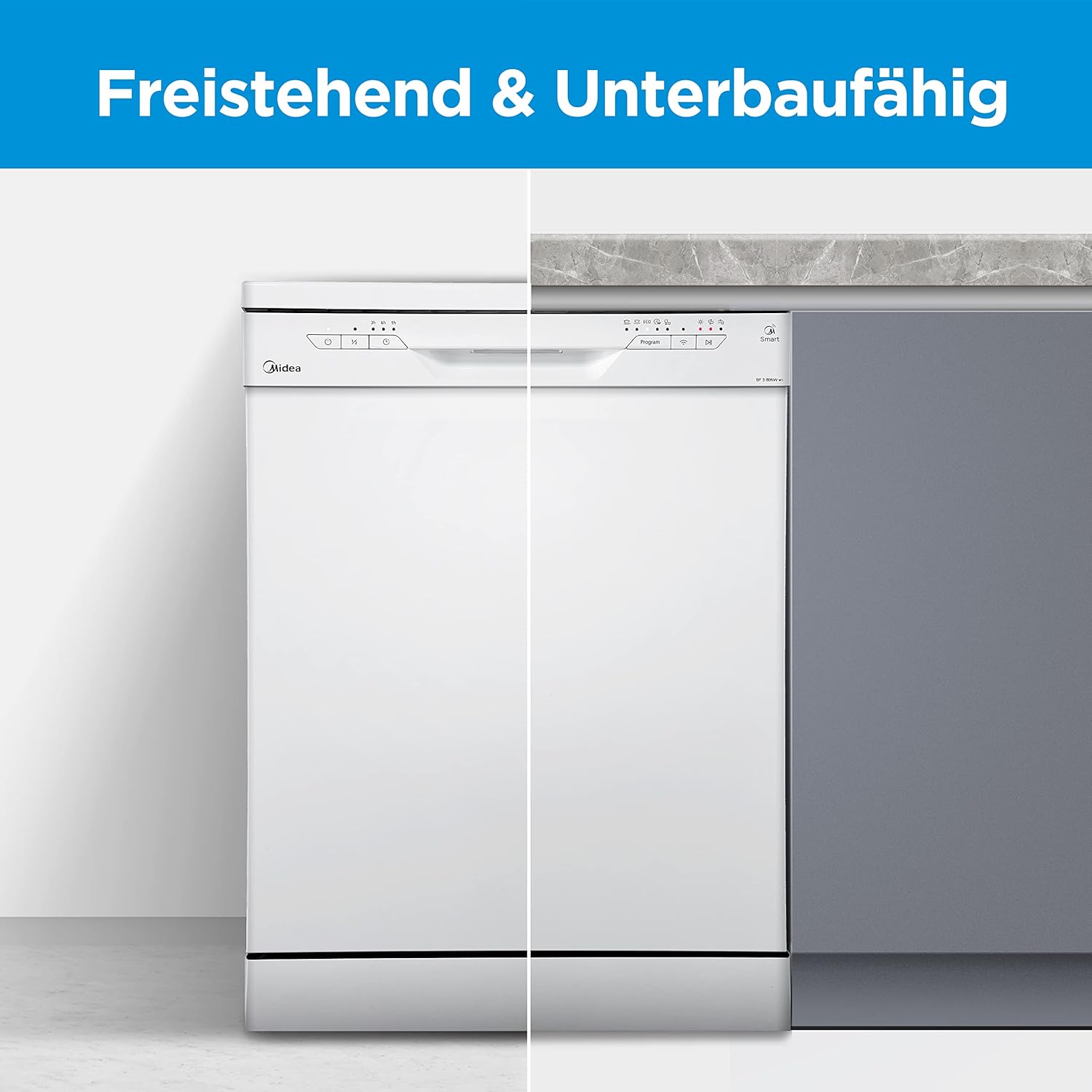 Midea Geschirrspüler Unterbau MDWEU1435XSS-W, 14 Maßgedecke, Spülmaschine 60 cm Teilintegrierbar mit WIFI, Extra Trocknung, 7 Programme, 47dB, 0-24h Startzeitverzögerung, Inox