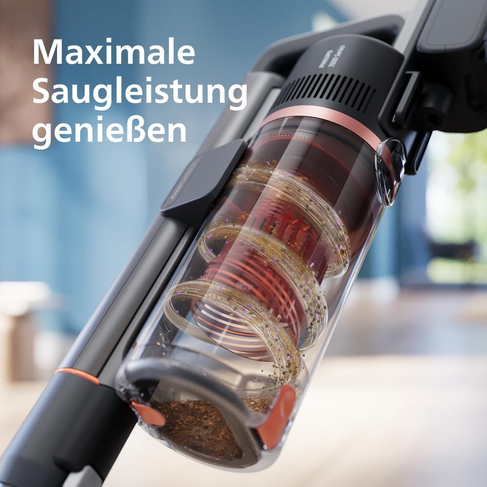 SpeedPro Max Kabelloser Stielstaubsauger 7000 Serie, Für Tierhaare, 360° Kraftvolle Saugkraft, Max. 80 Min., Verwicklungsfrei, Für Teppiche und Hartböden, 4 LED-Aufsätze (XC7065/01)