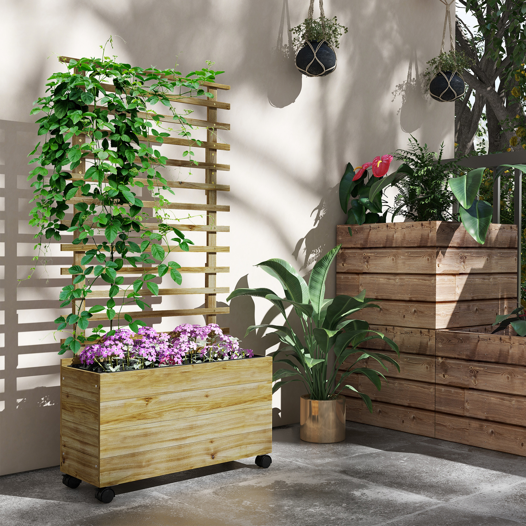Outsunny Plantenbak met Traliewerk, 4 Wielen, Natuurlijk Hout, Weerbestendige Lak, 76 x 30 x 155 cm