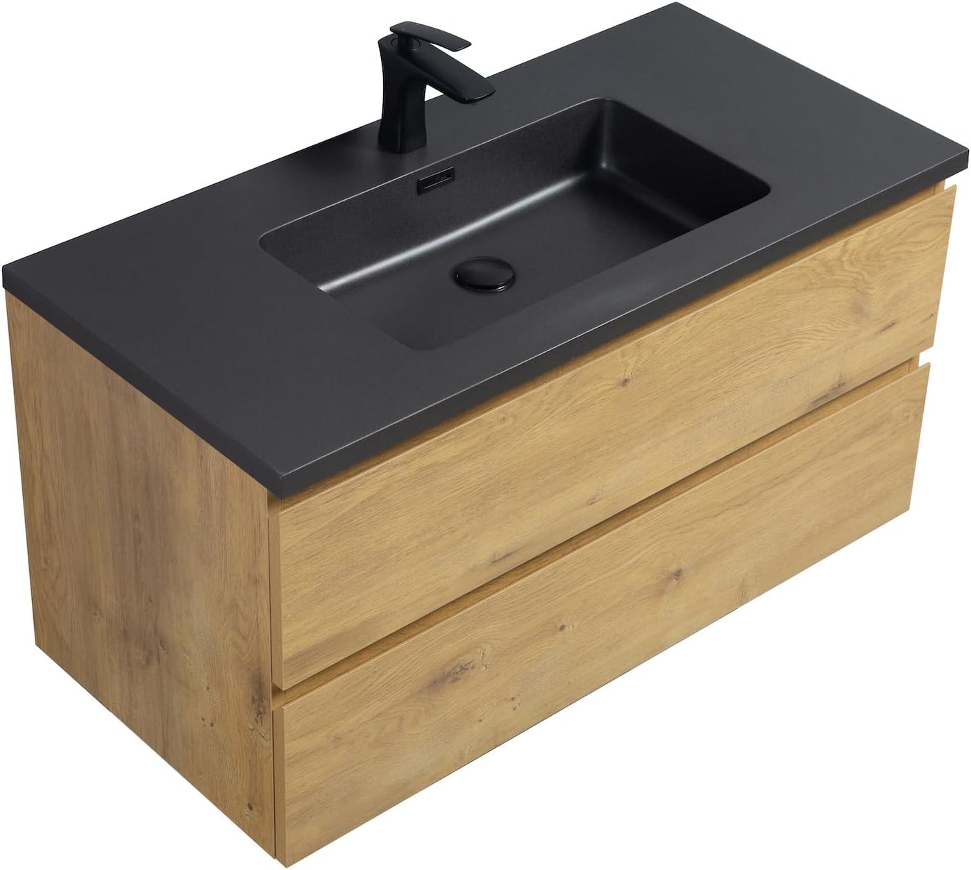 Badplaats B.V. Badezimmer Badmöbel Set Angela 100 cm - Schwarzes Waschbecken - Eiche - Unterschrank Schrank Waschbecken Waschtisch