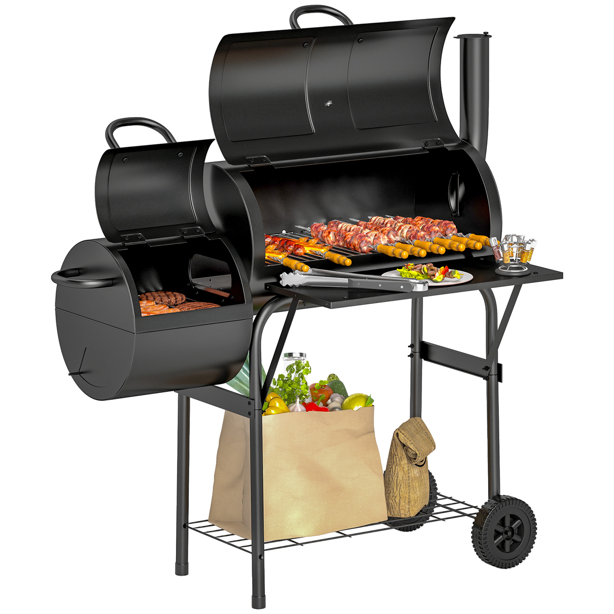Stalen Houtskoolgrill BBQ Smoker met Deksel, Thermometer, Wielen, Luchttoevoer, Kolenbak