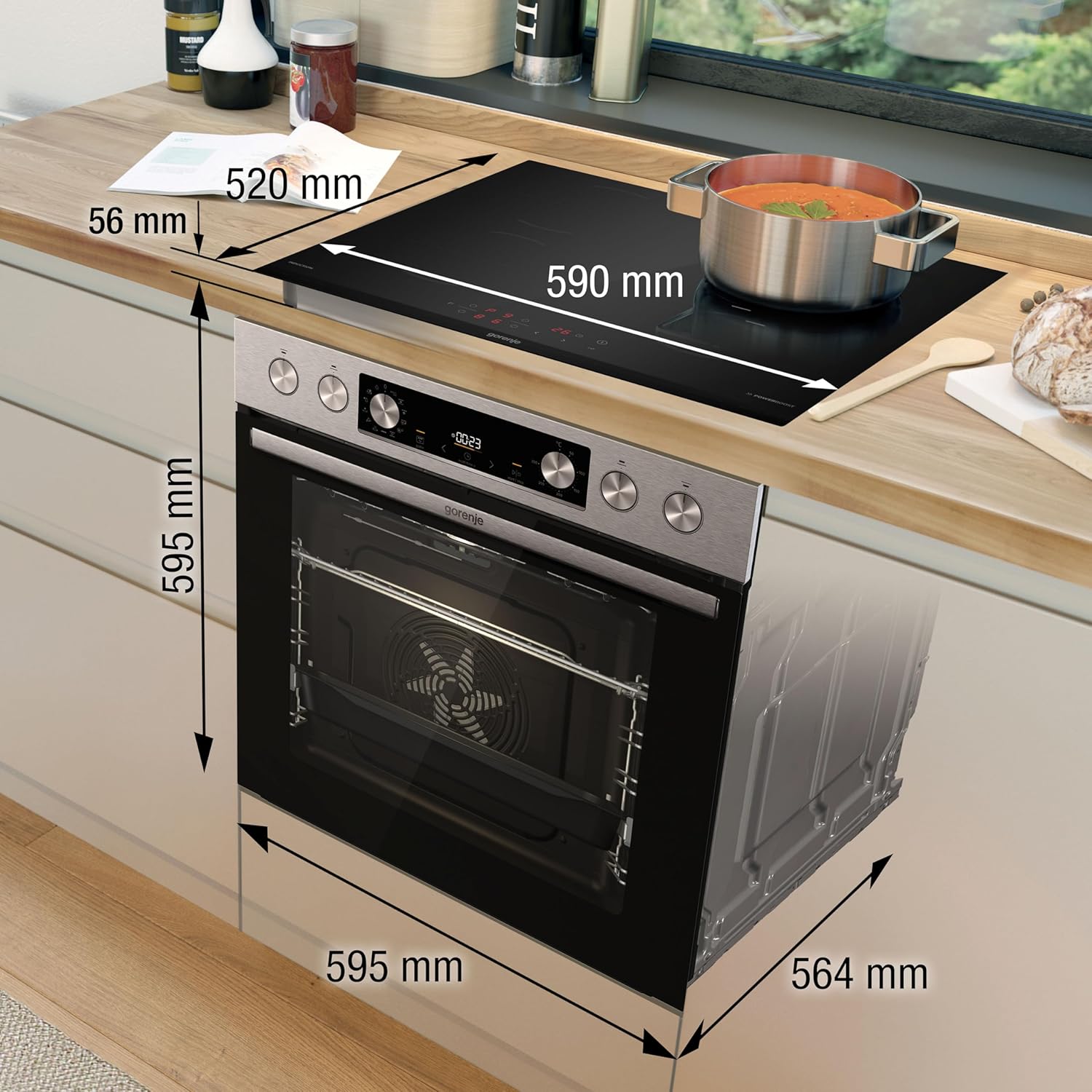 Gorenje Einbauherd-Set Heißluft Inox Set 4 mit Glaskeramik-Kochfeld / 77 Liter / ExtraSteam / GentleClose  und  Open / EcoClean / AirFry / PizzaMode / PerfectGrill / Teleskopauszüge / Inox-Look