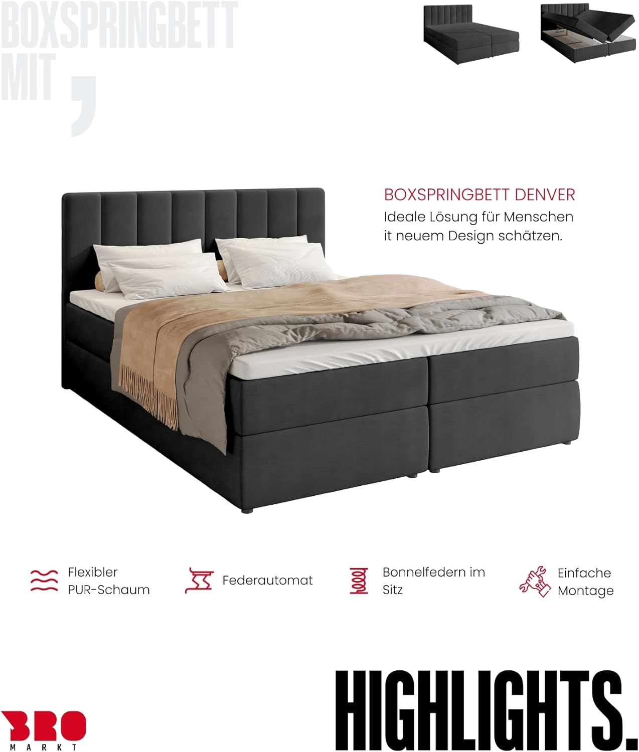 BROMARKT Boxspringbett mit Bonell Matratze Härtegrad H3 140x200cm Polsterbett mit Bettkasten Doppelbett mit Topper gepolsterte Kopfstütze Bett für Schlafzimmer Denver Dunkelgrau