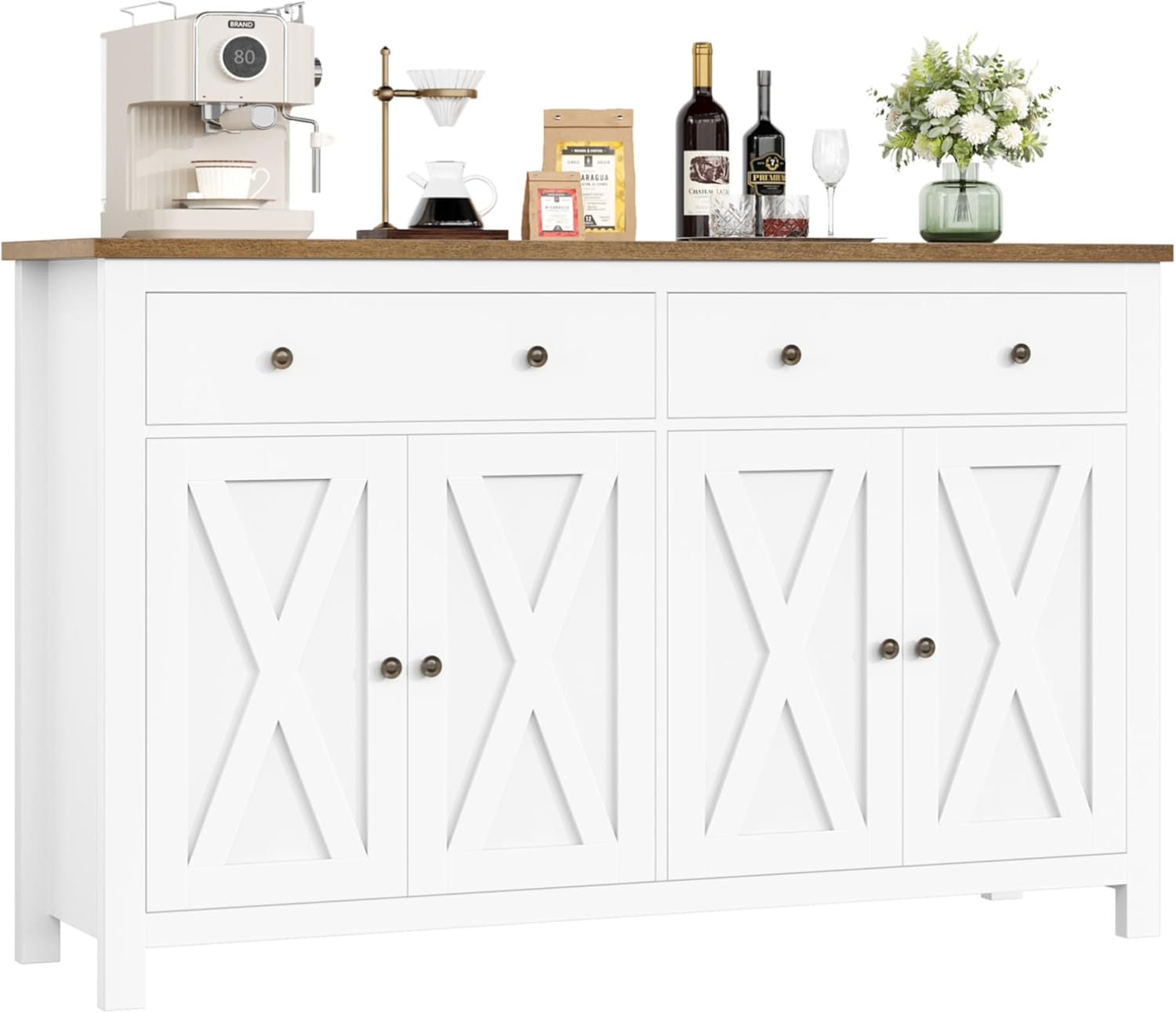 FirFurd Sideboard 140cm Breit Küchenschrank mit Arbeitsplatte Buffetschrank mit 2 Schubladen und 4 Türen Küchenbuffet mit Verstellbares Regal Sideboard für Küche Wohnzimmer Esszimmer weiß 140x89x40 cm