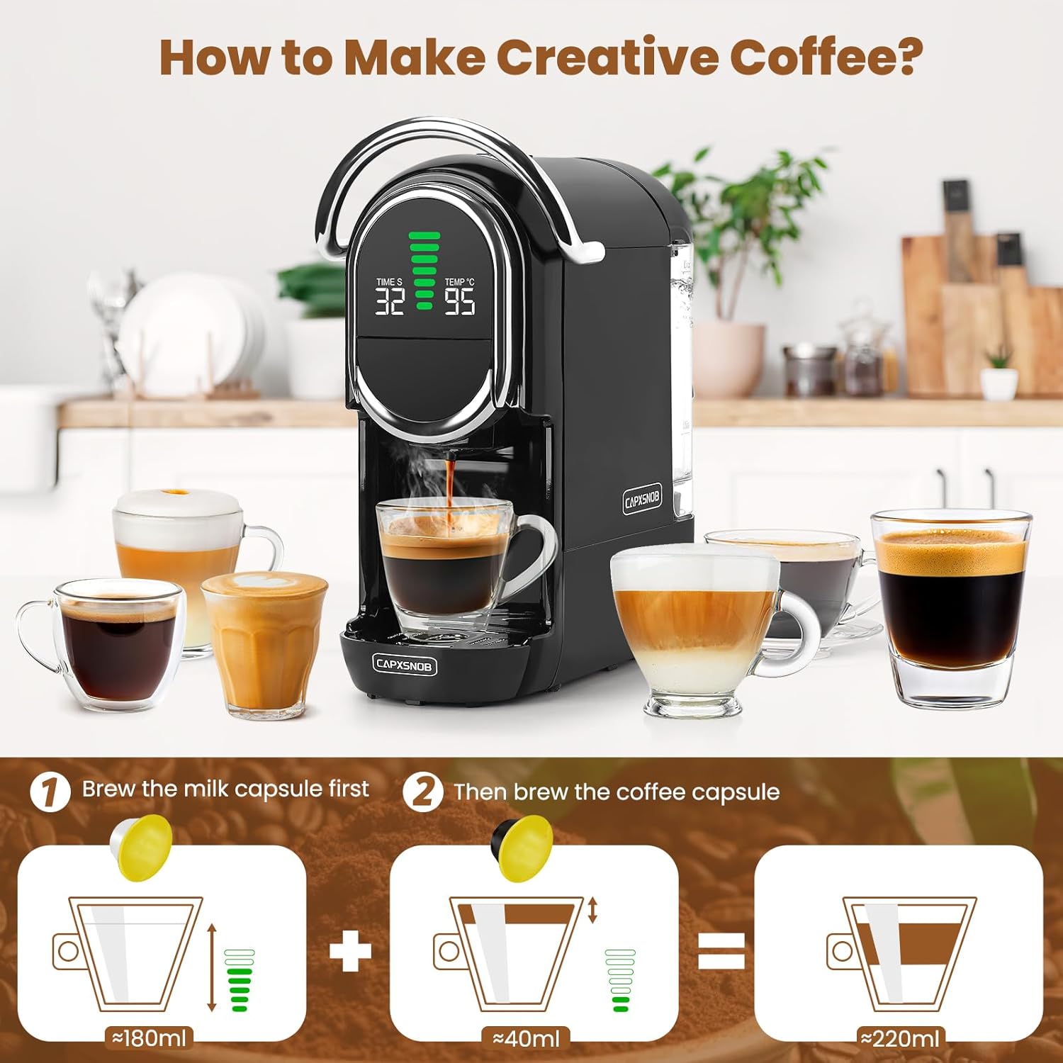 Magician1 Mini Pad-Kaffeemaschinen 5 in 1 für Nespresso Original, Dolce Gusto, Lavazza A Modo Mio Kapsel, ESE 44 mm Pads und Espresso gemahlener Kaffee, 20 Bar, 1450 W, Heiß- und Kaltgebrüht für