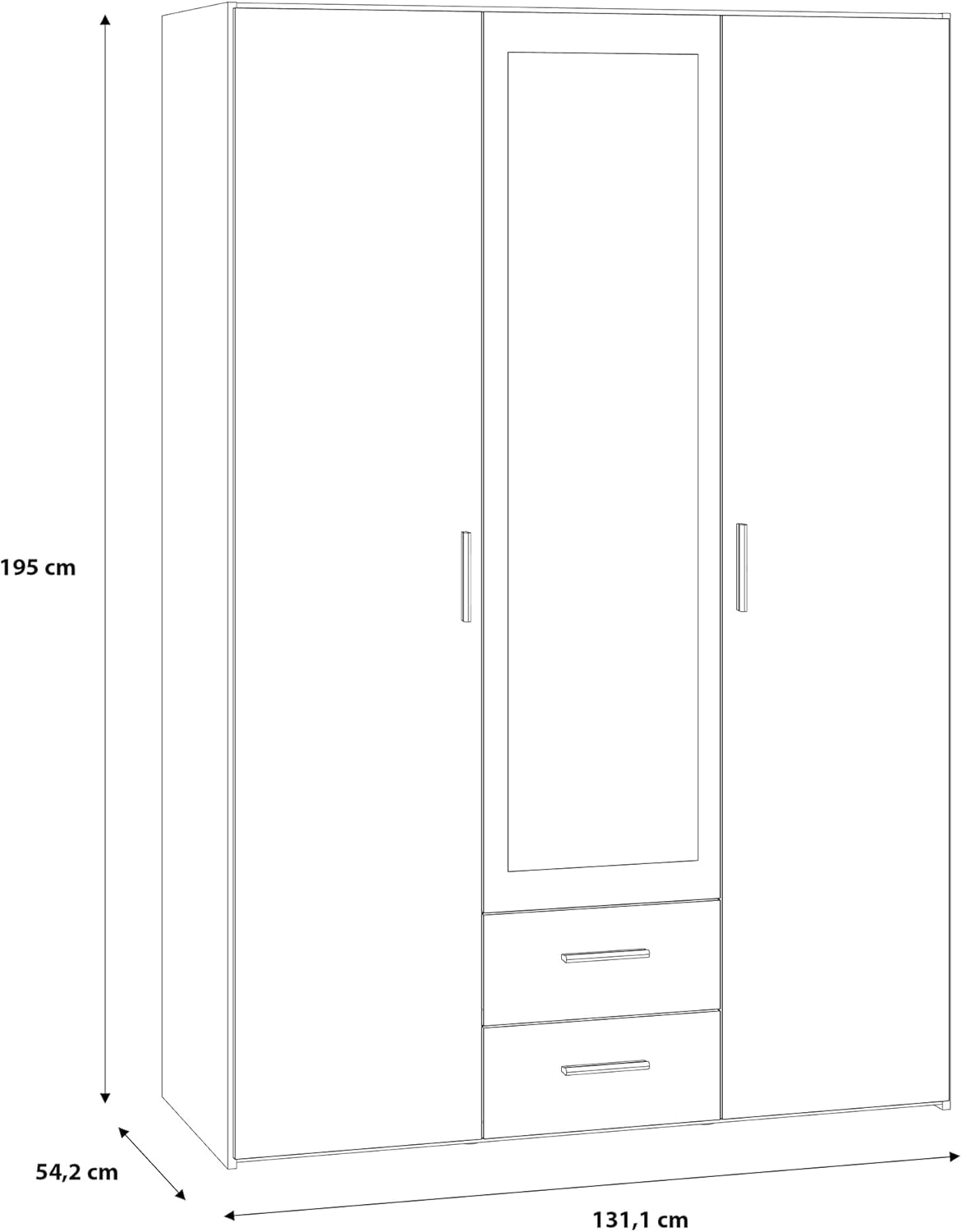 Forte TELANE Kleiderschrank 130, moderner Drehtürenschrank, 3-türig, 2 Schubladen, Spiegel, Schlafzimmer, Holzwerkstoff, Weiß, 131,1 cm breit x 195 cm hoch x 54,2 cm tief