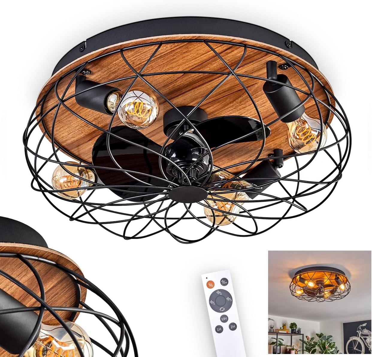 LED Deckenventilator Tourais, Ventilator aus Metall/MDF in Schwarz/Holzoptik, Deckenleuchte im Retro/Vintage-Design in Gitter-Optik, Lichteffekt u. Fernbedienung, Wohnzimmer, Schlafzimmer, Esszimmer