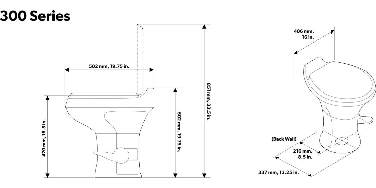 Dometic 302300071 300 Series Standard Height Heavy Duty Plastic RV Toilet. White