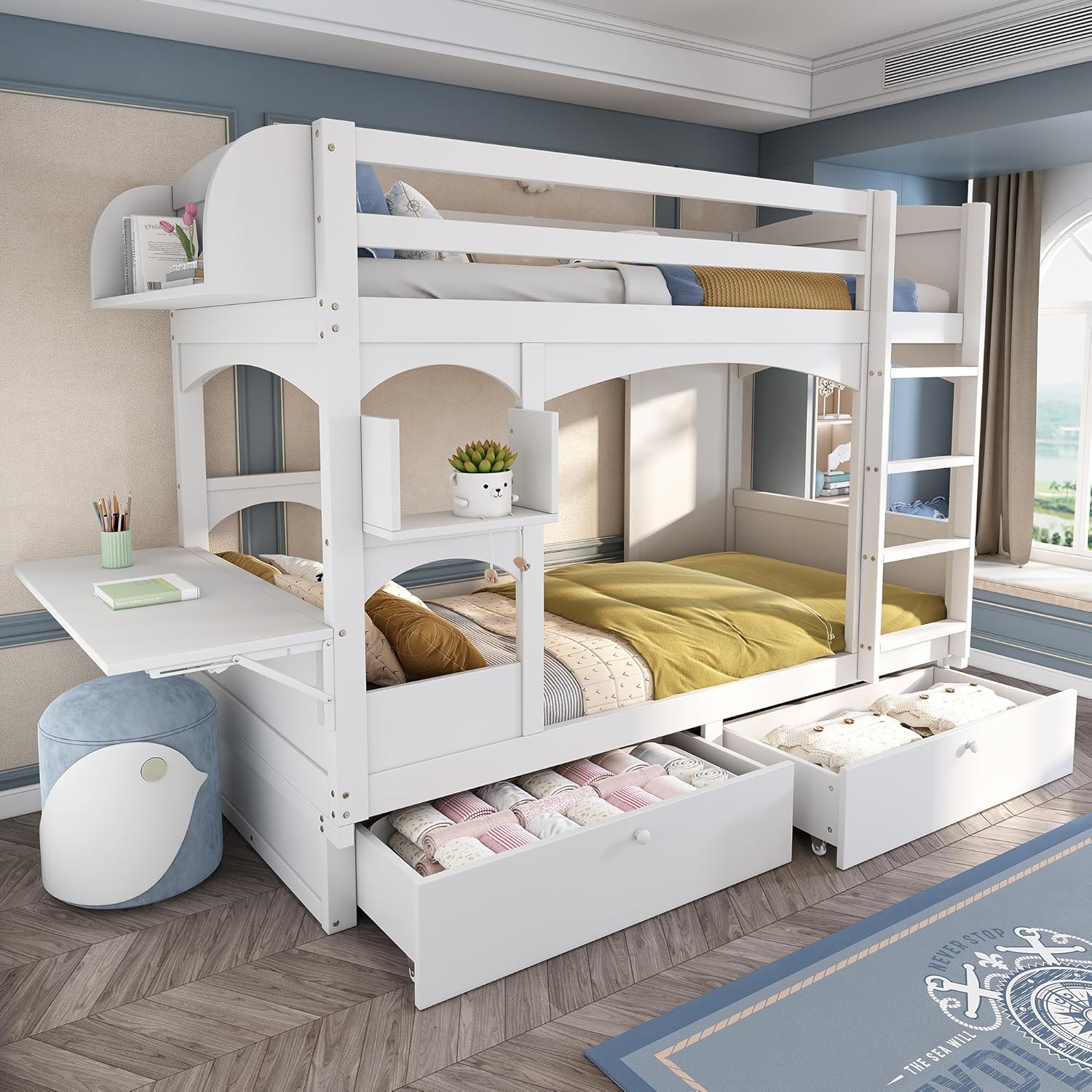 Kinderbett Etagenbett 2 Kinder 90x200 cm mit Klapp-Schreibtisch und Regal, Jugendbett Hochbett mit Rausfallschutz und 2 Schubladen, Holzbett Bettgestell mit Lattenrost, Weiß, Ohne Matratze