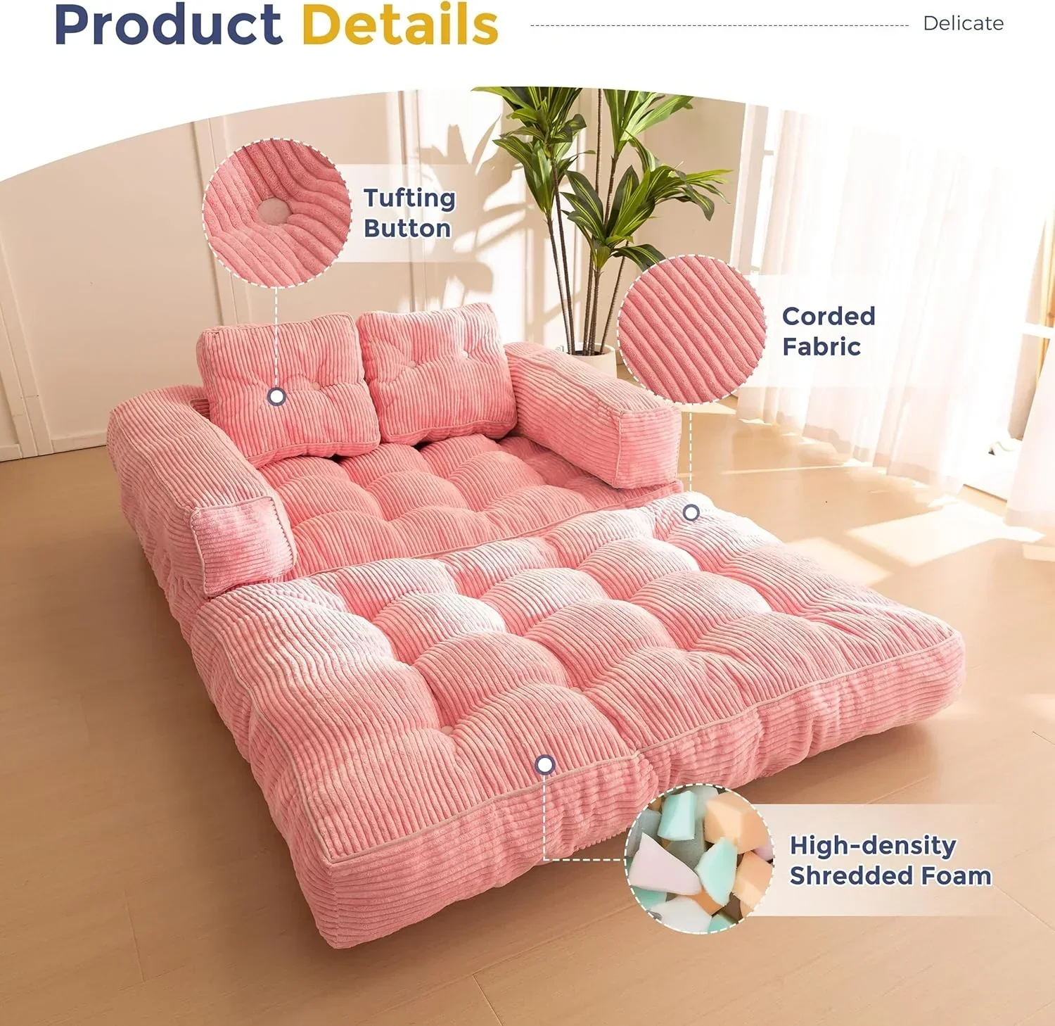 Folding Sofa Bed L-Shaped Convertible Sofa Bed with Armrests and Pillows