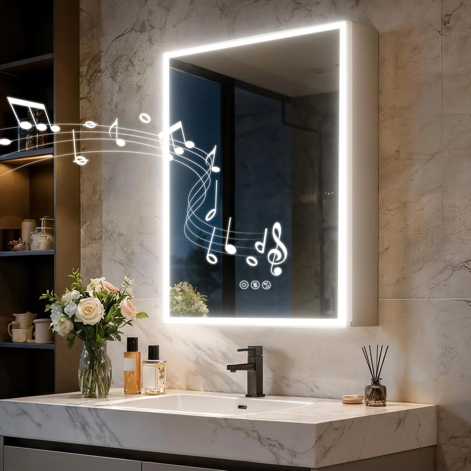 LUVODI Armario de Baño con Espejo con Luz LED Bluetooth 50x70x14.3 cm, Gabinete de Espejo con Antivaho, Luz de 3 Colores Ajustable, Bisagra Silenciosa, Mueble Baño de Pared con Toma de Corriente