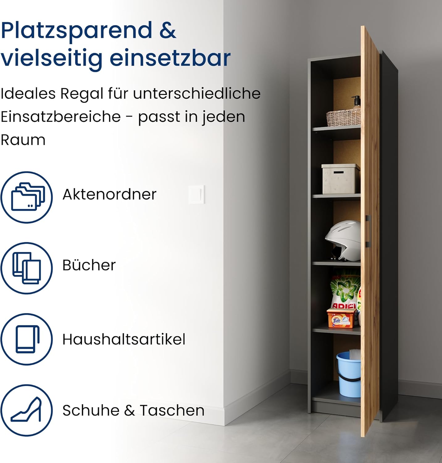 Home Collective Regal mit 5 Ebenen in matt Aktenschrank mit 4 Einlegeböden und 1 Tür, Standregal 39 cm breit mit hochwertigen Polymergriffen ideal für Schlafzimmer Wohnzimmer Flur Büro Graphit Eiche