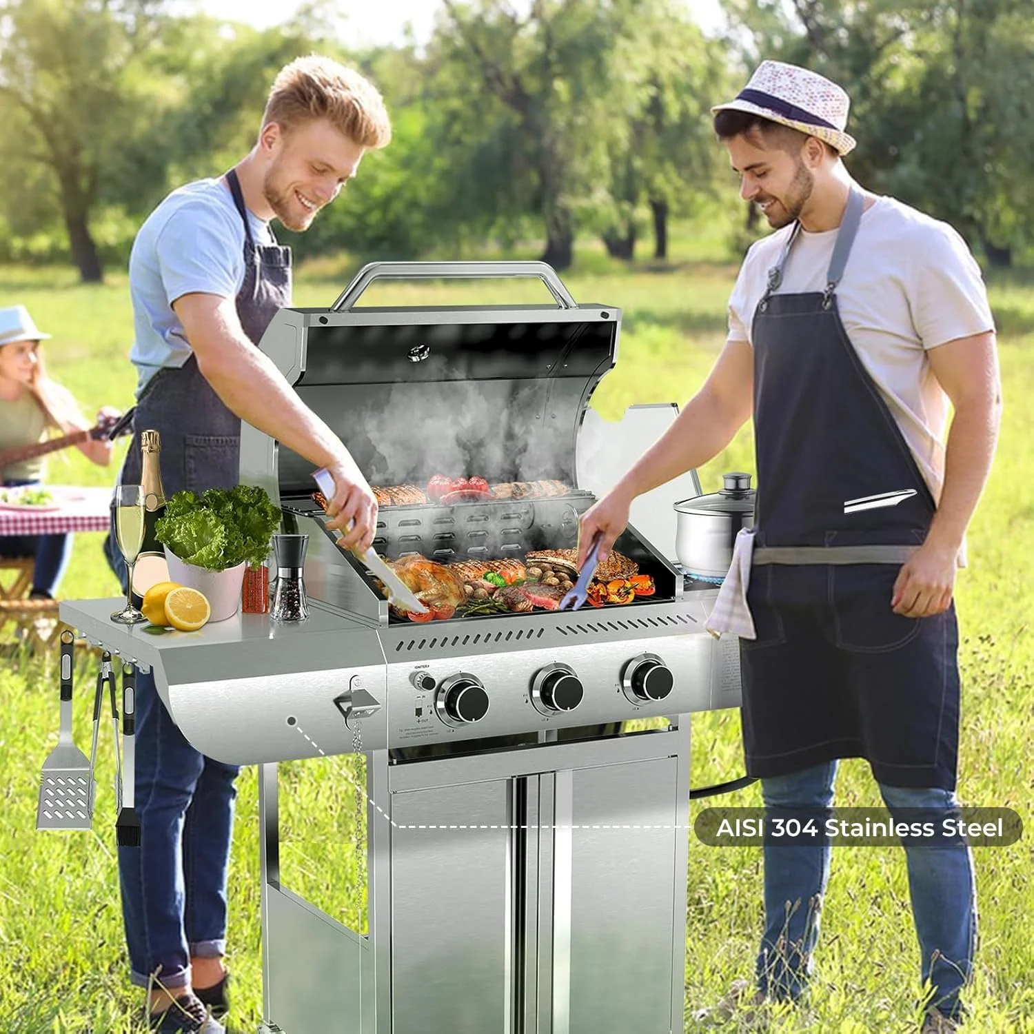 34,000 BTU 3-Burner Propane Gas Grill with Side Burner, All Stainless Steel BBQ Grill