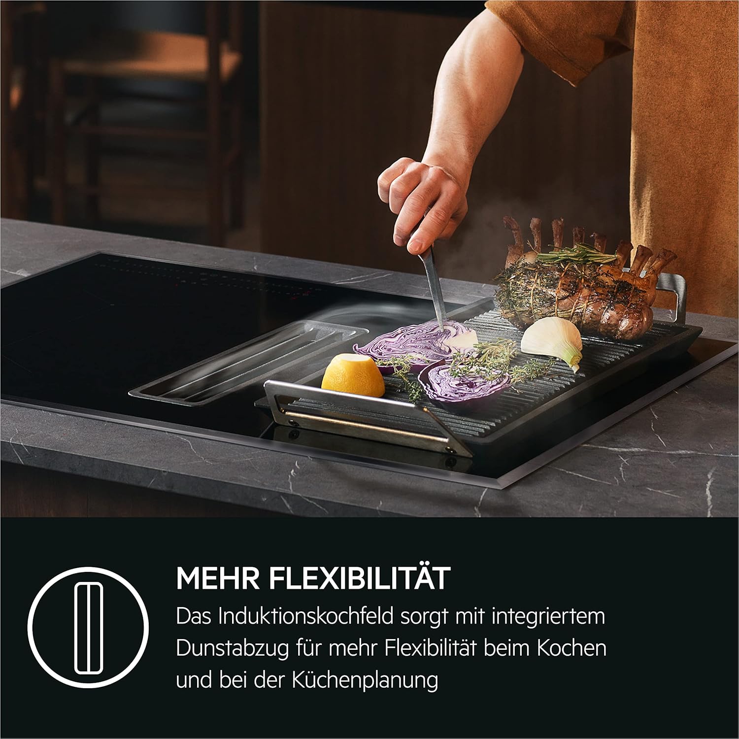 AEG Induktionskochfeld autark 80cm mit Dunstabzug / Made in Germany / 4 Flex-Kochzonen mit Bridge (Kombination 2er Zonen) / Auto-Funktion des Dunstabzugs / Aktivkohlefilter / COLI84COXB