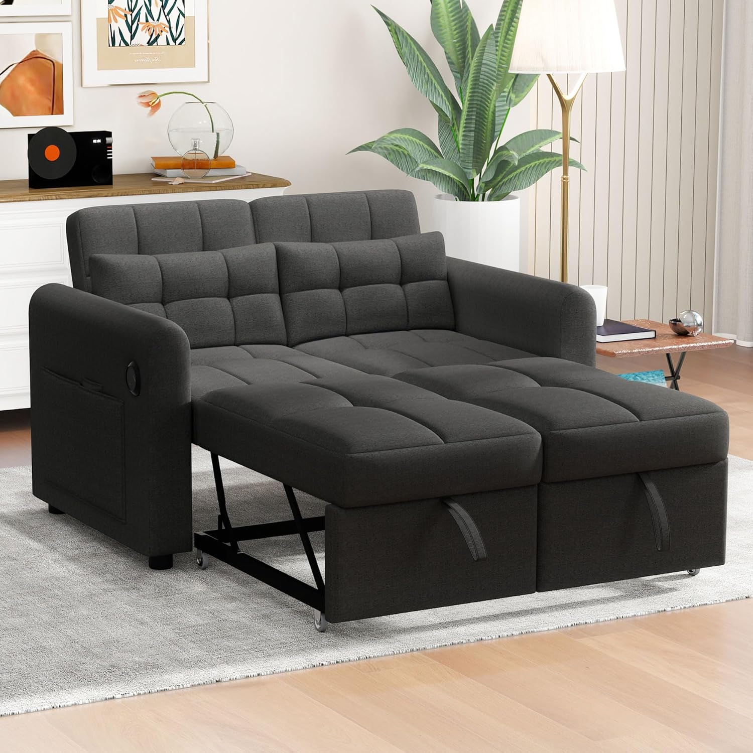Modernes Doppel-Klappschlafsofa, 2-Sitzer Ausziehsofa mit Schlaffunktion, mit verstellbare Rückenlehne&Armlehnentaschen und Kissen, USB-Ladeanschluss, für Wohnzimmer Schlafzimmer Büro (Grau C)
