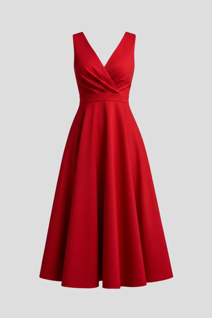 ?rmelloses Damen Midi-Kleid mit V-Ausschnitt und verdecktem Rei?verschluss | Klassisches A-Linien Kleid mit ausgestelltem Rock