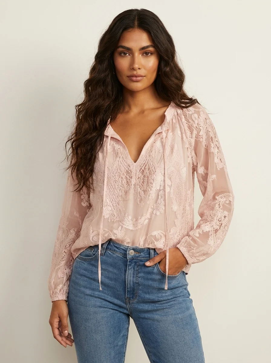 Damenbluse mit Spitze im Boho-Stil | Luftige Sommerbluse locker geschnitten | Feminine Spitzenbluse f��r Freizeit und Urlaub