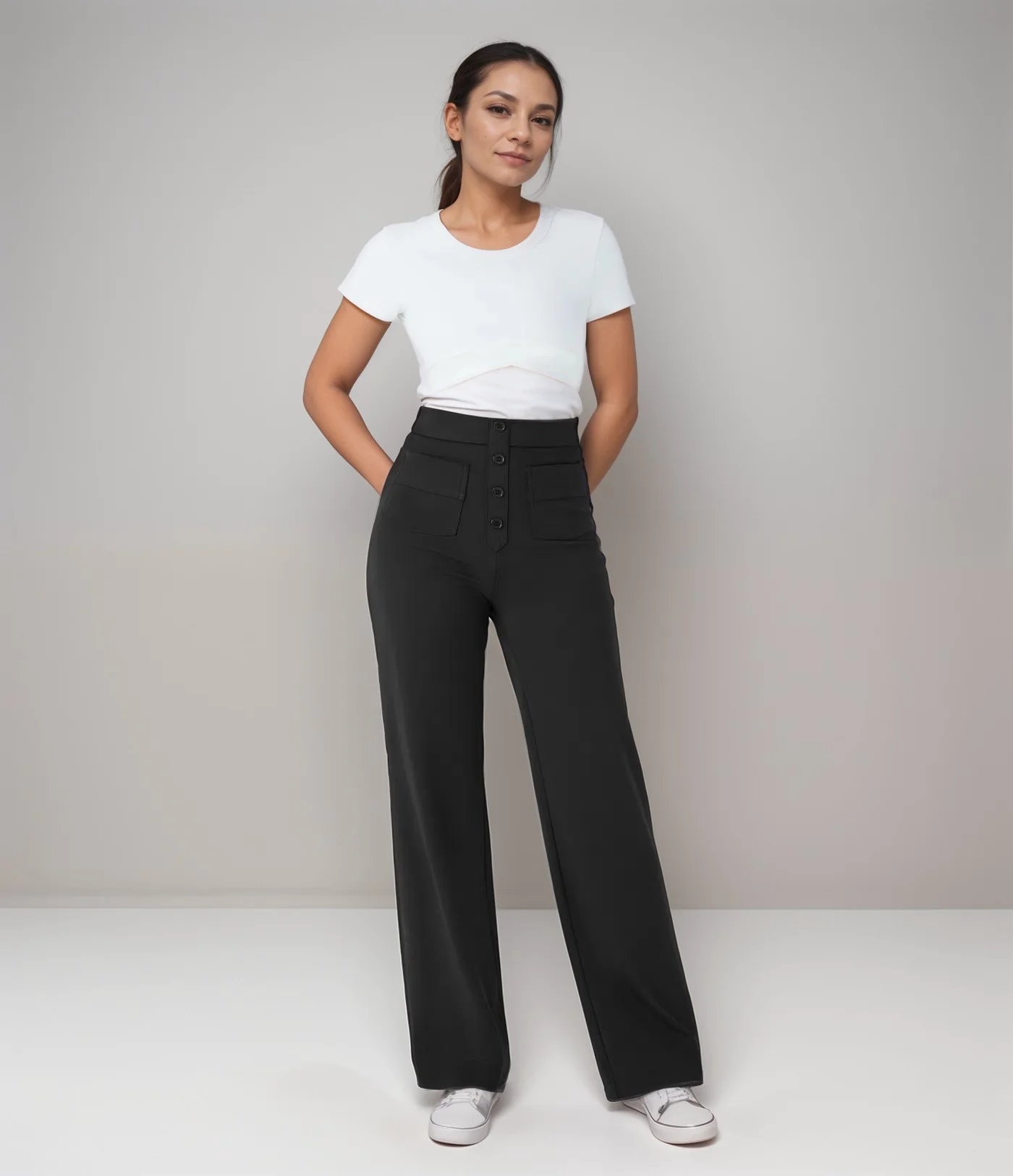 Damen High Waist Hose | Elastische Sculpting Hose mit weitem Bein | Bequeme Stretchhose mit Taschen und Form-Effekt