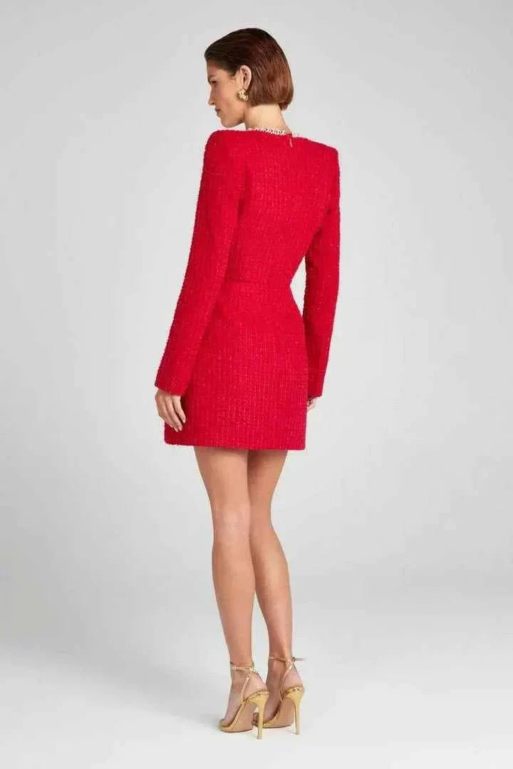 Langarm Tweed Minikleid f��r Damen mit Perlendetails und elegantem Schnitt
