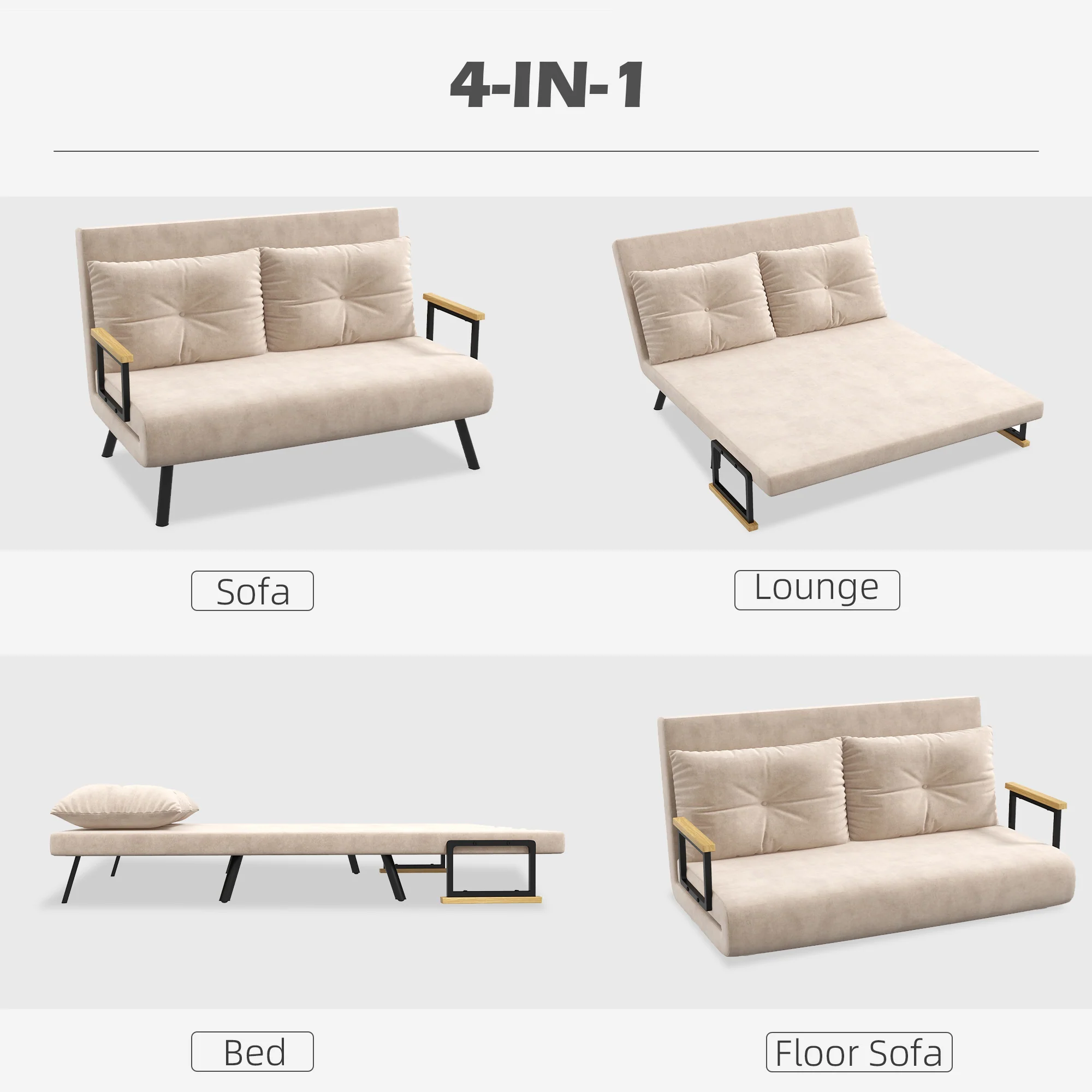 HOMCOM Slaapbank 2-zitsbank Fluweelbank, Slaapfunctie, incl. 2 kussens, Fluweel Optiek, Natuur + Beige + Zwart