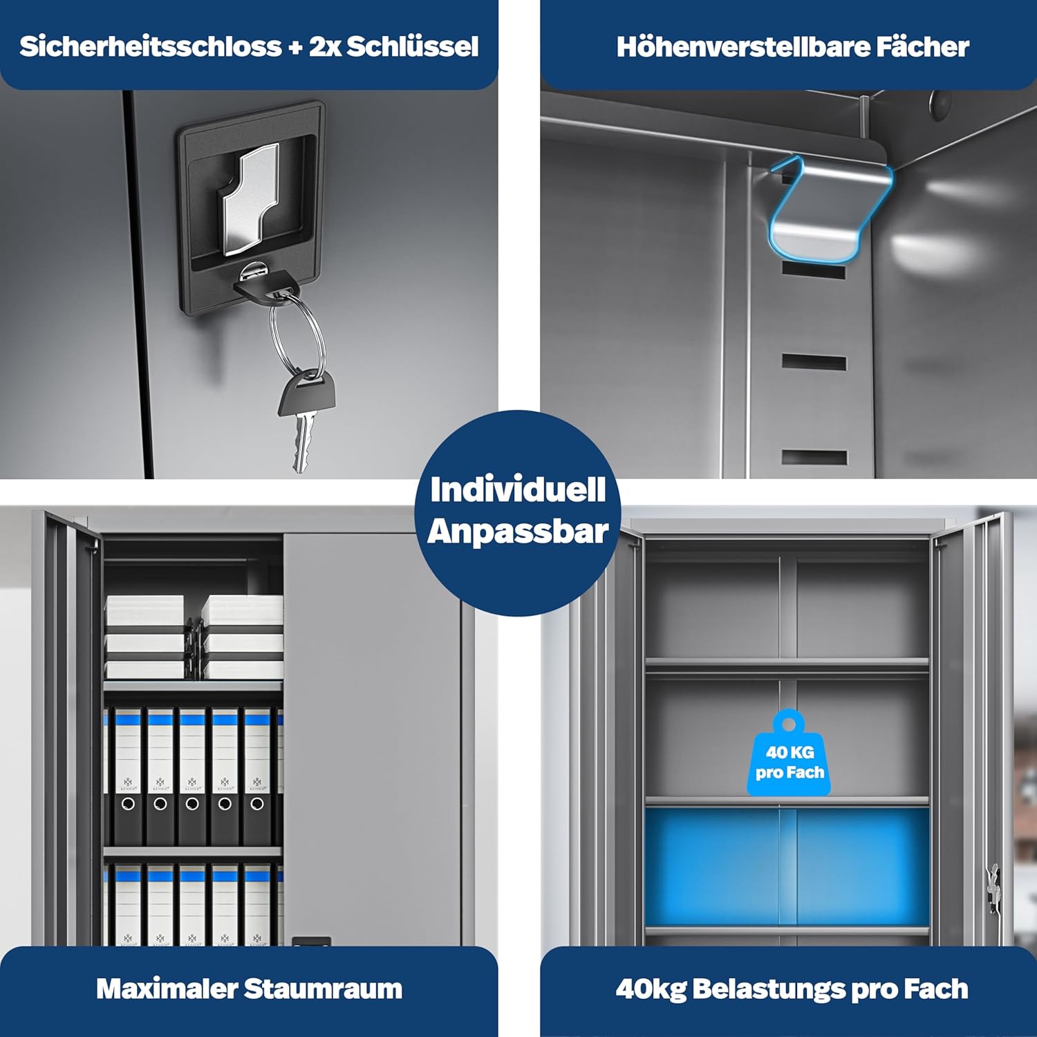 KESSER® Aktenschrank abschließbar mit Flügeltüren 180x80x40cm | Büroschrank aus Stahl mit 4 höhenverstellbaren Einlegeböden | Mehrzweckschrank 5 flexible Fächer, max. 40 kg pro Fach, inkl. 2 Schlüssel