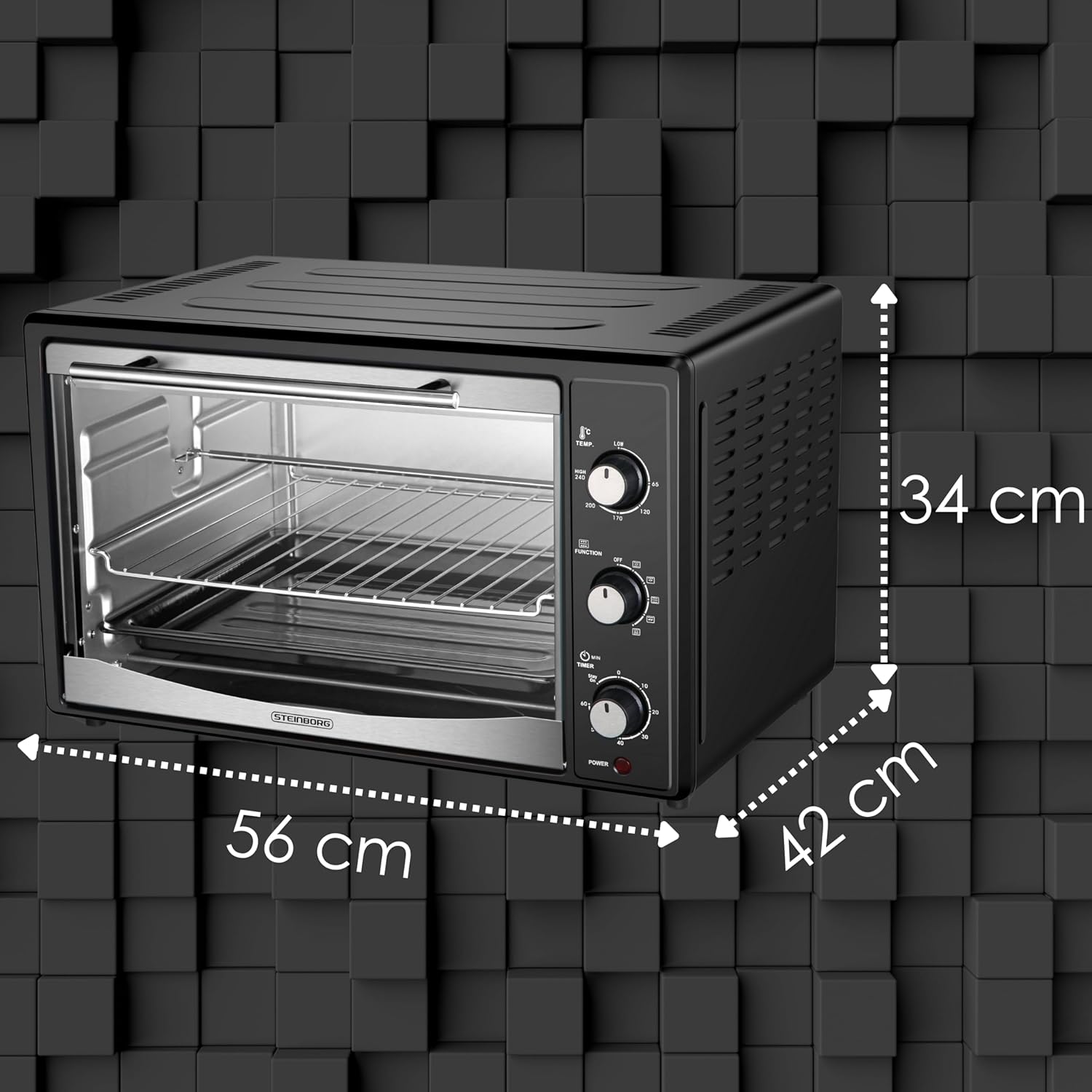 Mini Backofen 45 Liter mit Umluft | Elektrischer Drehspieß | 1800 Watt | Umluft Ofen | Pizzaofen | Innenbeleuchtung | Inkl. Backblech und Grillrost | Minibackofen | Kleiner Backofen | Miniofen