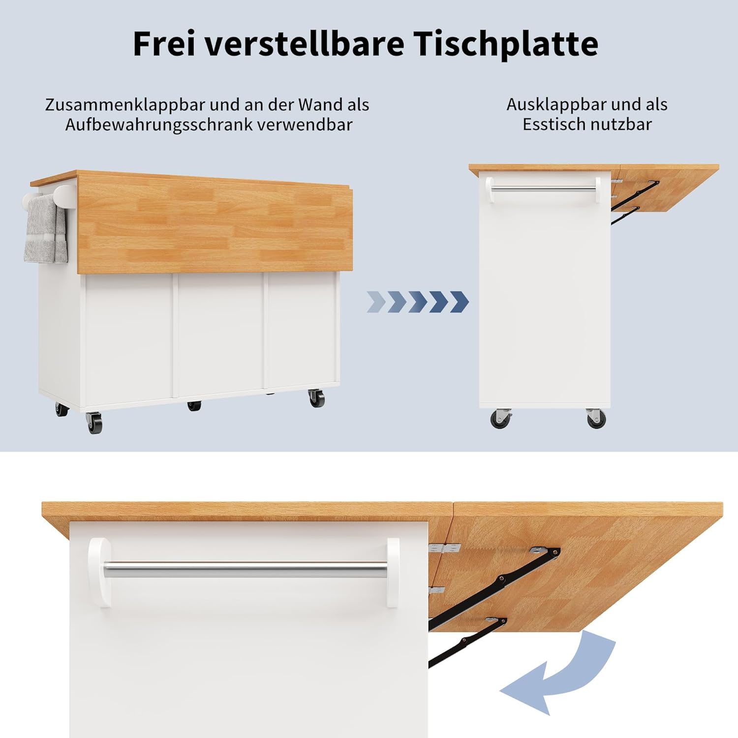 Kücheninsel, Moderne Küchenschrank, Ausziehbarer Küchenwagen mit Rollen und Arbeitsplatte, Servierwagen mit Gewürzregal und 8 Schubladen (Weiß)